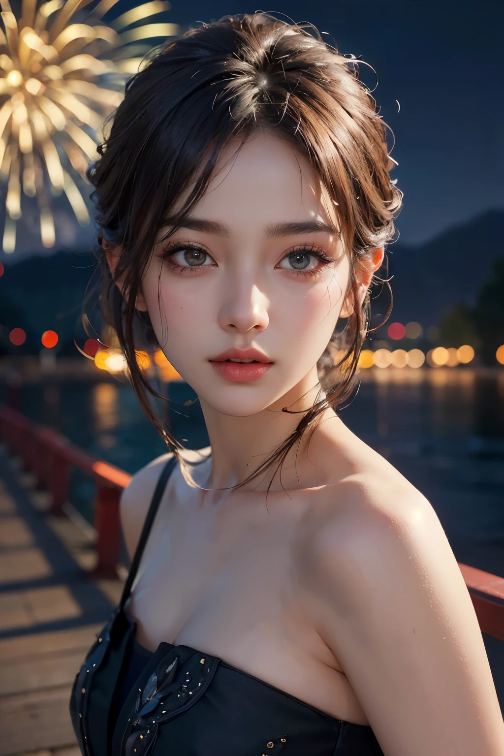 1 girl, beauty on the bridge, Exquisite eyes,beautiful and delicate lips,very detailed 눈과 얼굴,long eyelashes, Short hair, enchanted scenery,(best quality,4K,8 thousand,high resolution,masterpiece:1.2),very detailed,(realistic,realistic,realistic:1.37), dynamic pose, Night scene with fireworks exploding, 