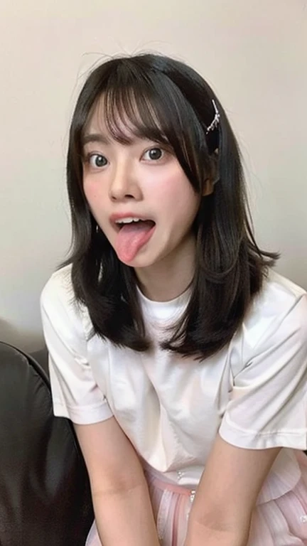 Japanese woman beautiful girl baby face top quality realistic skin eyes are in focus 20 years old stick out tongue focus on mouth open mouth long tongue saliva open mouth wide see inside of mouth open mouth and stick out tongue