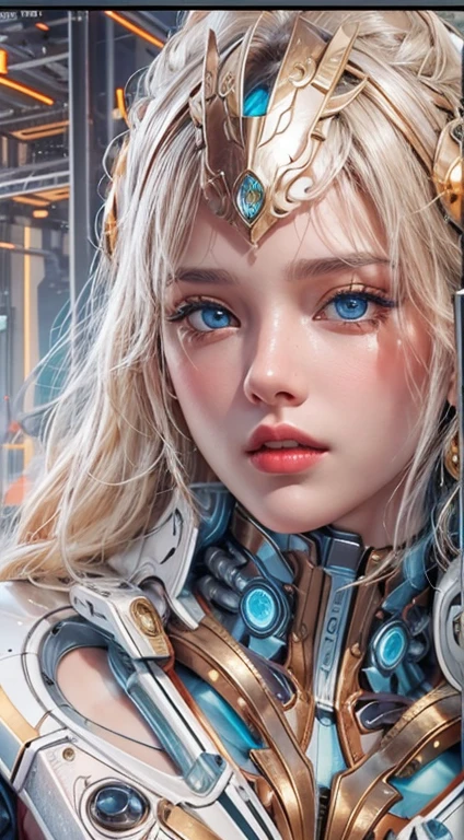 realistic, Realistic picture,Masterpiece,high resolution, woman ,With blue eyes, look at the audience., (detailed face), With blue eyes,blonde hair, cybernetic robot,White body/metallic red/gold color,(The details of the outfit were perfect..) The background is a deserted city..
