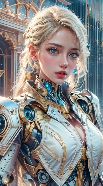 realistic, Realistic picture,Masterpiece,high resolution, woman ,With blue eyes, look at the audience., (detailed face), With blue eyes,blonde hair, cybernetic robot,White body/metallic red/gold color,(The details of the outfit were perfect..) The background is a deserted city..