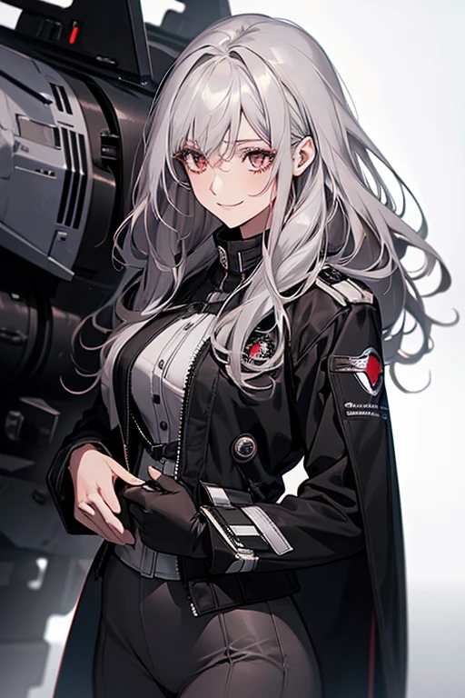 (confused, High resolution, Super detailed), 1 female, silver hair,long hair,reddish brown eyes,black pilot jacket,Black and white suit,20th generation,Beautiful woman,shy smile,thin,Are thin,quiet,Calm,Carrying a white raven,Accompanied by many white raven,