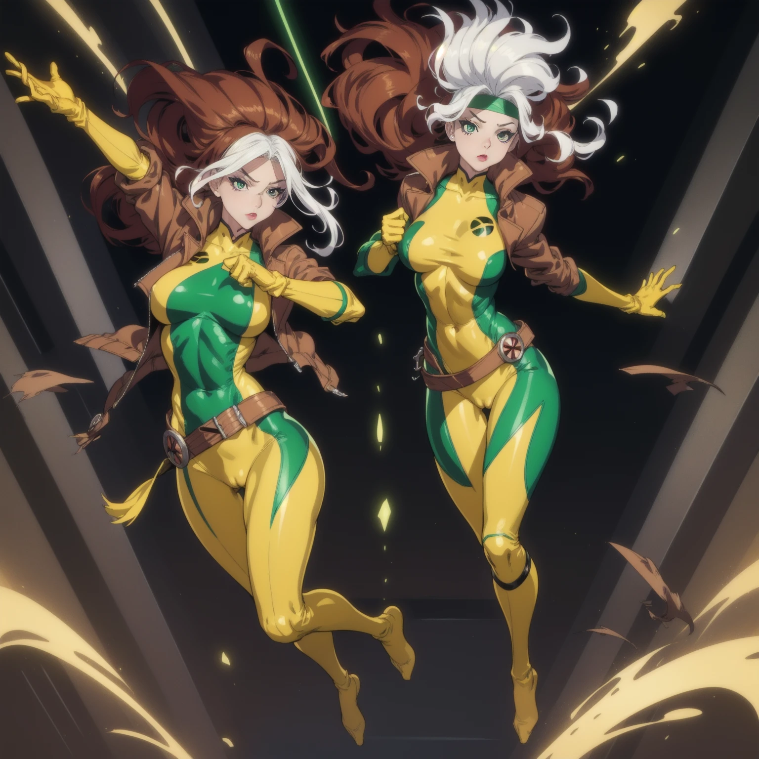 CARTOON_X_MENs_Rogue,ownwaifu, long hair,breasts,brown hair,green eyes,lipstick,makeup,lips,white hair,two-tone hair,headband,wavy hair,large breasts,messy hair,curly hair,big_hair, yellow bodysuit,jacket,gloves,belt,yellow gloves,green bodysuit,bodysuit,multicolored bodysuit,superhero, skin tight,multicolored clothes, 1girl, solo, looking at viewer,straight-on, jumping in action scene, official art, highres, scenery, (masterpiece:1.1), (best quality,:1.1), (high quality:1.1), (anime screencap:1.2), cameltoe, (very tigth clothes detailing breasts niples and shaved pussy):2, full body perspective view.