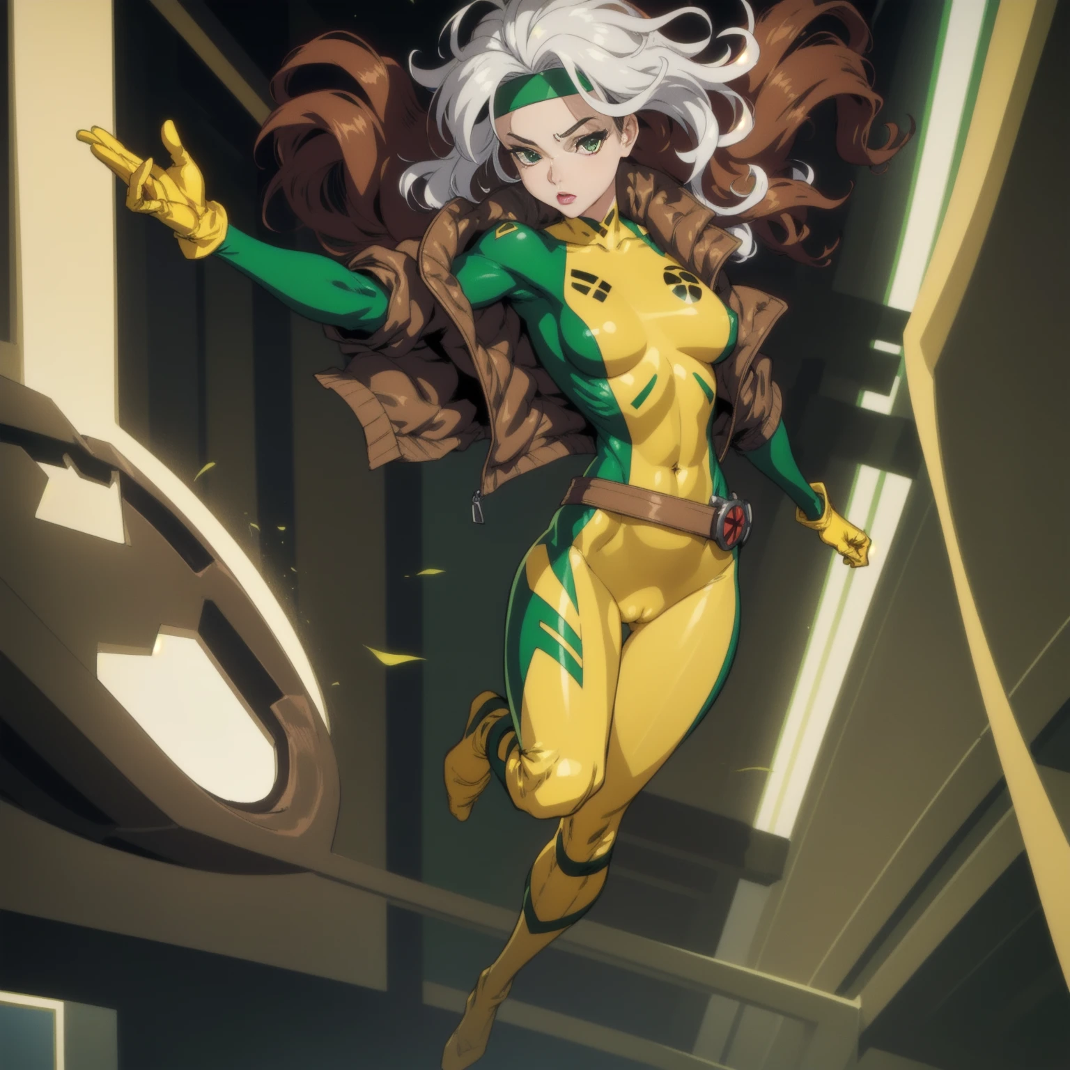 CARTOON_X_MENs_Rogue,ownwaifu, long hair,breasts,brown hair,green eyes,lipstick,makeup,lips,white hair,two-tone hair,headband,wavy hair,large breasts,messy hair,curly hair,big_hair, yellow bodysuit,jacket,gloves,belt,yellow gloves,green bodysuit,bodysuit,multicolored bodysuit,superhero, skin tight,multicolored clothes, 1girl, solo, looking at viewer,straight-on, jumping in action scene, official art, highres, scenery, (masterpiece:1.1), (best quality,:1.1), (high quality:1.1), (anime screencap:1.2), cameltoe, (very tigth clothes detailing breasts niples and shaved pussy):2, full body perspective view.