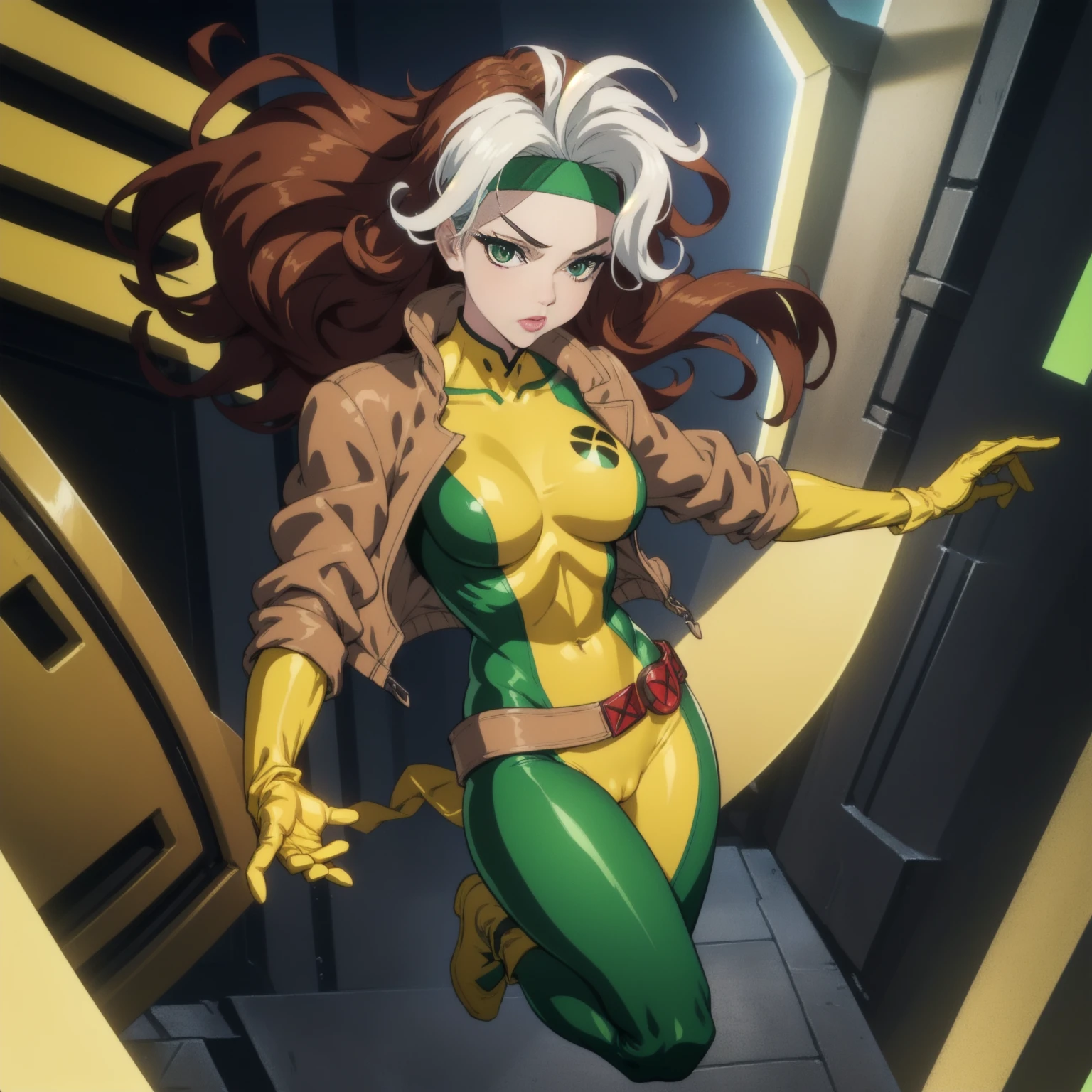 CARTOON_X_MENs_Rogue,ownwaifu, long hair,breasts,brown hair,green eyes,lipstick,makeup,lips,white hair,two-tone hair,headband,wavy hair,large breasts,messy hair,curly hair,big_hair, yellow bodysuit,jacket,gloves,belt,yellow gloves,green bodysuit,bodysuit,multicolored bodysuit,superhero, skin tight,multicolored clothes, 1girl, solo, looking at viewer,straight-on, jumping in action scene, official art, highres, scenery, (masterpiece:1.1), (best quality,:1.1), (high quality:1.1), (anime screencap:1.2), cameltoe, (very tigth clothes detailing breasts niples and shaved pussy):2, full body perspective view.