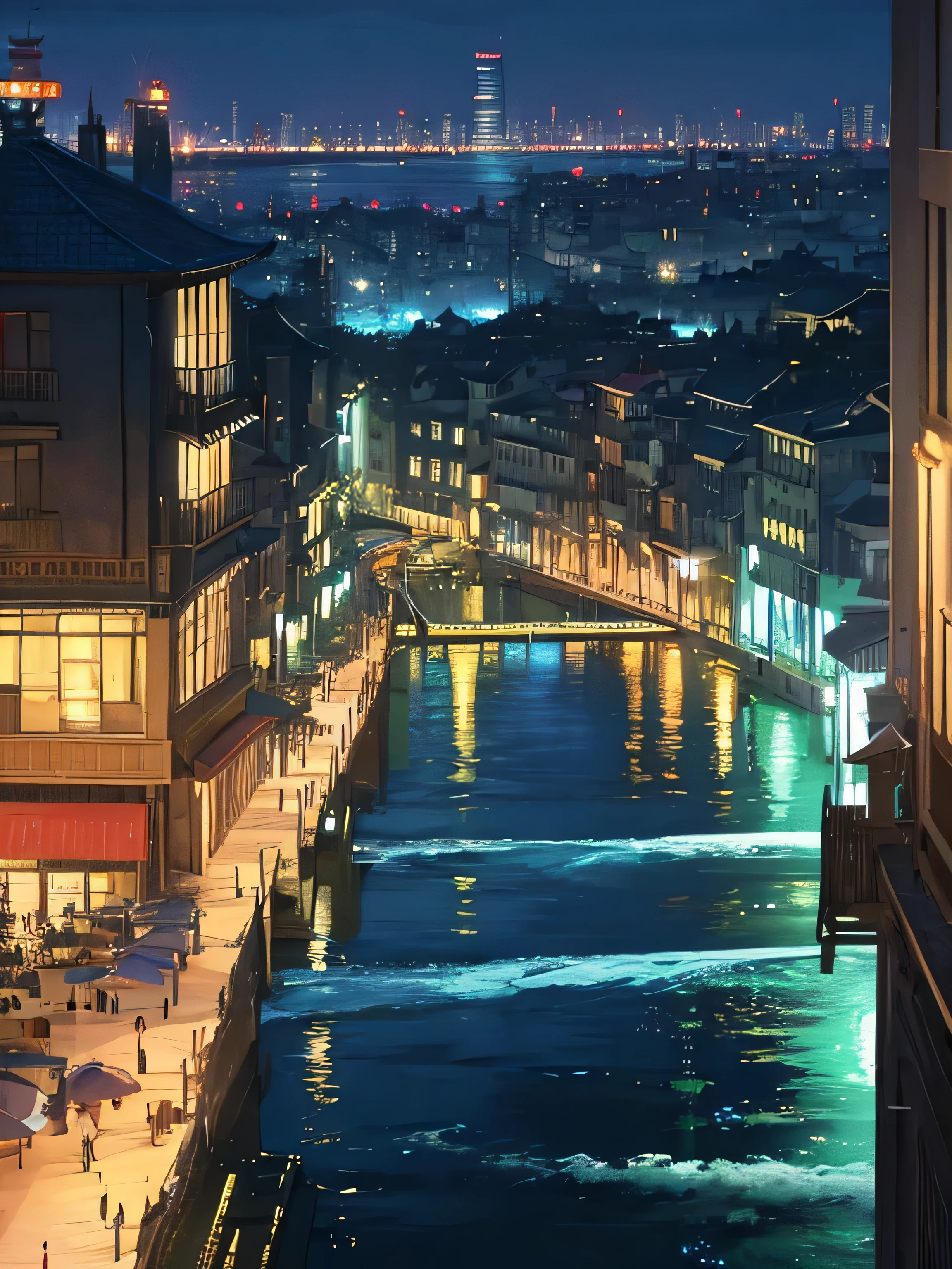 arafed view of a city at night with a river running through it, shanghai city, shanghai, beautiful city of the future, beautiful cityscape, photo of futuristic cityscape, interesting background, city at night, aerial view of a city, drone view of a city, by Zha Shibiao, vfx powers at night in the city, otherwordly futuristic city, no human, water color, wash technique, colorful, a painting with dripping and scattered paint, Soft Illumination, high quality, master piece,
