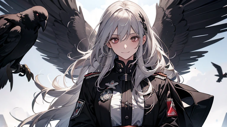 (confused, High resolution, Super detailed), 1 female, silver hair,long hair,reddish brown eyes,black pilot jacket,Black and white suit,20th generation,Beautiful woman,shy smile,thin,Are thin,quiet,Calm,Carrying a white raven,Accompanied by many white raven,