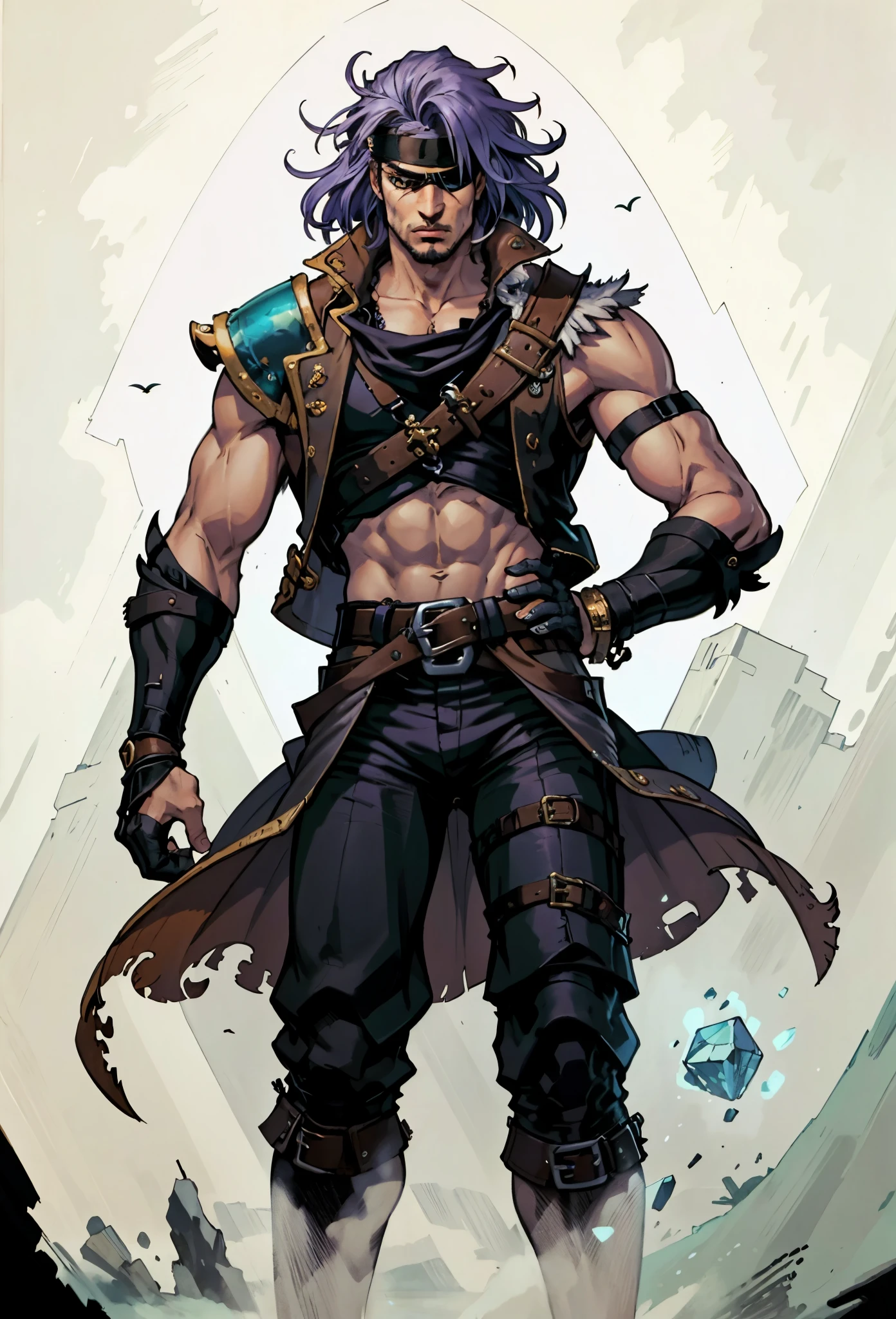 A man with medium-length fluffy lavender-blue hair parted in the middle, his upper face obscured by bandage eye patch, a square face, a wild expression, a sturdy physique, clad in a fantasy-style wild sleeveless coat with leather light armor, a gemstone belt cinches his waist, he wears wrist guards, cargo pants, one hand on his hip gripping the belt, the backdrop of a desolate island where countless black birds soar, this character embodies a finely crafted fantasy pirate-style overlord in anime style, exquisite and mature manga art style, high definition, best quality, highres, ultra-detailed, ultra-fine painting, extremely delicate, professional, perfect body proportions, golden ratio, anatomically correct, symmetrical face, extremely detailed eyes and face, high quality eyes, creativity, RAW photo, UHD, 32k, Natural light, cinematic lighting, masterpiece-anatomy-perfect, masterpiece:1.5