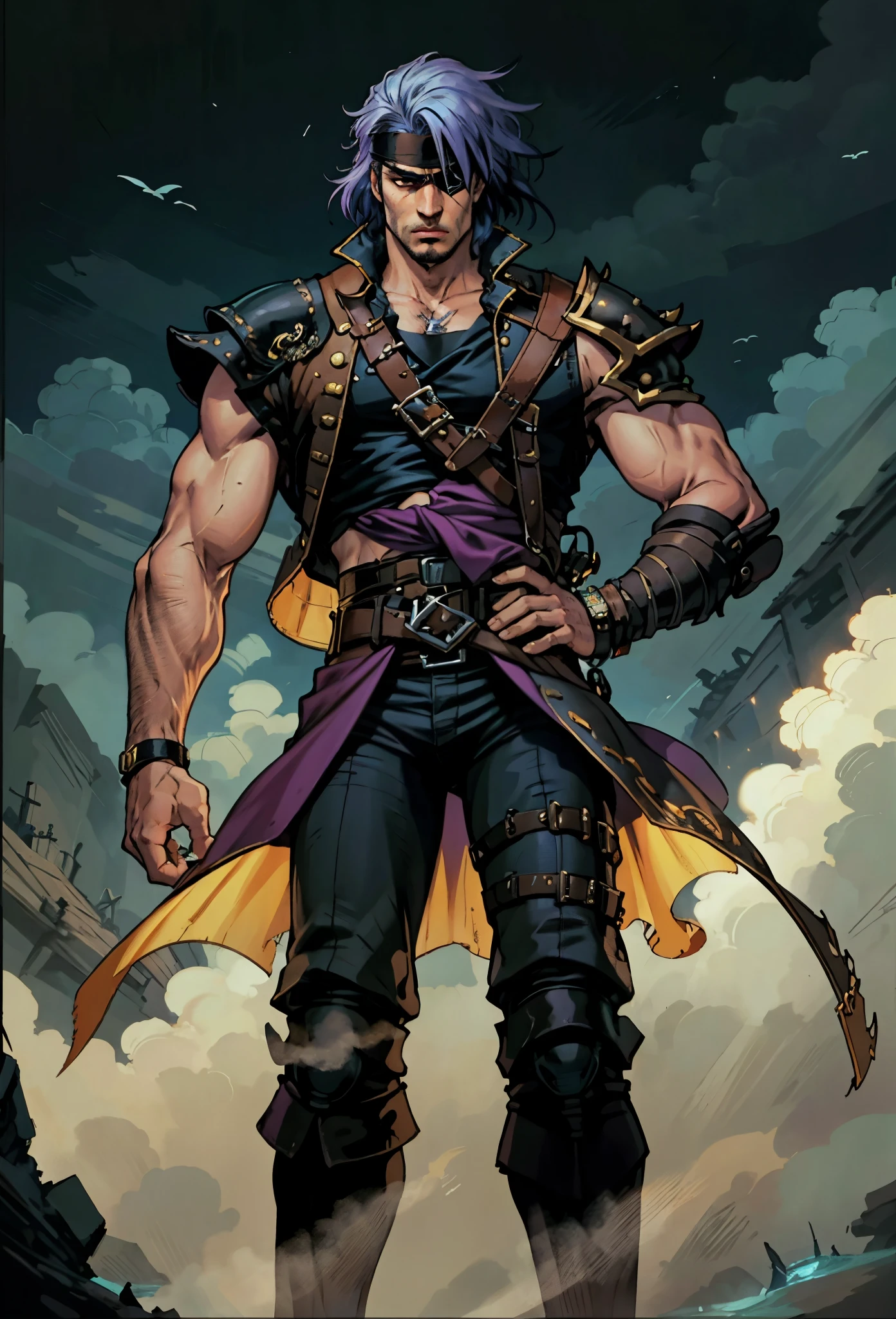 A man with medium-length fluffy lavender-blue hair parted in the middle, his upper face obscured by bandage eyepatch, gazes intensely with deep-set eyes, a square face, a wild expression, a sturdy physique, clad in a fantasy-style wild sleeveless coat with leather light armor, a gemstone belt cinches his waist, he wears wrist guards, cargo pants, one hand on his hip gripping the belt, the backdrop of a desolate island where countless black birds soar, this character embodies a finely crafted fantasy pirate-style overlord in anime style, exquisite and mature manga art style, high definition, best quality, highres, ultra-detailed, ultra-fine painting, extremely delicate, professional, perfect body proportions, golden ratio, anatomically correct, symmetrical face, extremely detailed eyes and face, high quality eyes, creativity, RAW photo, UHD, 32k, Natural light, cinematic lighting, masterpiece-anatomy-perfect, masterpiece:1.5
