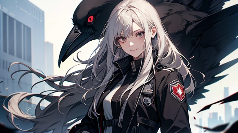 (confused, High resolution, Super detailed), 1 female, silver hair,long hair,reddish brown eyes,black pilot jacket,Black and white suit,20th generation,Beautiful woman,shy smile,thin,Are thin,quiet,Calm,Carrying a white raven,Accompanied by many white raven,