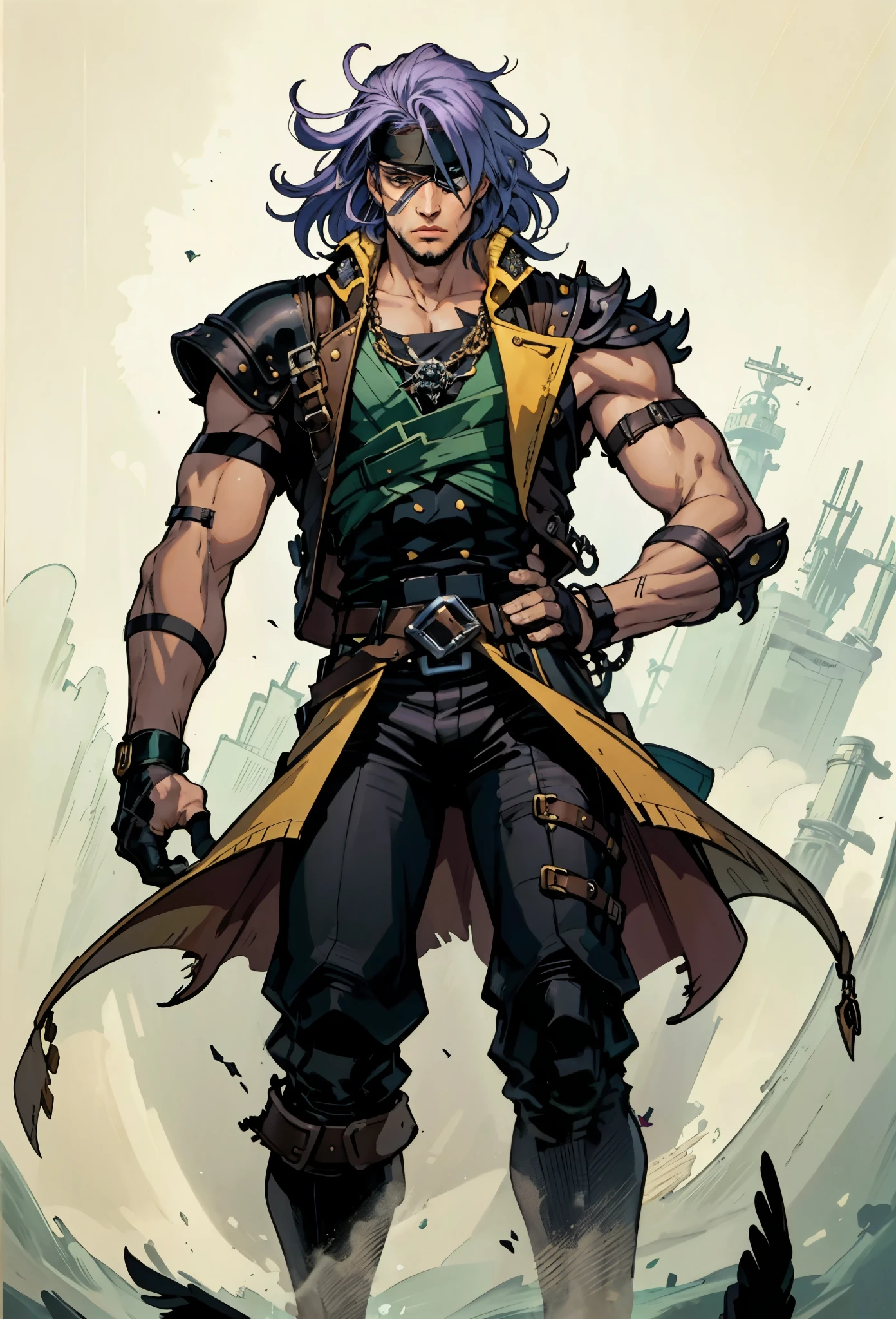 A man with medium-length fluffy lavender-blue hair parted in the middle, his upper face obscured by bandage eyepatch, gazes intensely with deep-set eyes, a square face, a wild expression, a sturdy physique, clad in a fantasy-style wild sleeveless coat with leather light armor, a gemstone belt cinches his waist, he wears wrist guards, cargo pants, one hand on his hip gripping the belt, the backdrop of a desolate island where countless black birds soar, this character embodies a finely crafted fantasy pirate-style overlord in anime style, exquisite and mature manga art style, high definition, best quality, highres, ultra-detailed, ultra-fine painting, extremely delicate, professional, perfect body proportions, golden ratio, anatomically correct, symmetrical face, extremely detailed eyes and face, high quality eyes, creativity, RAW photo, UHD, 32k, Natural light, cinematic lighting, masterpiece-anatomy-perfect, masterpiece:1.5