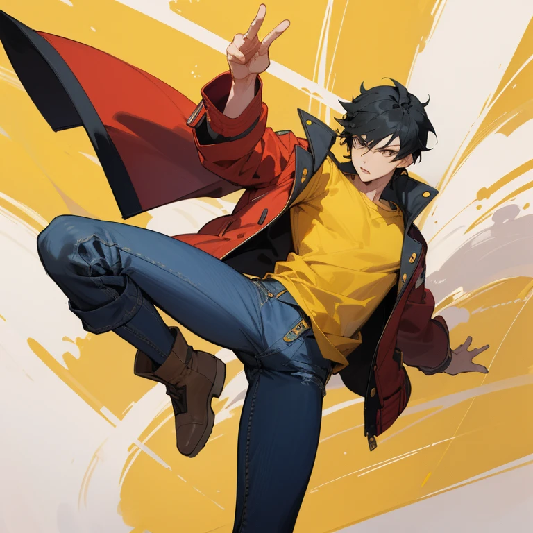 ((highest quality)), ((masterpiece)), (be familiar with), anime,youth,male,black hair,Triumphant look,jeans,red jacket,yellow t-shirt,action,boots,high kick