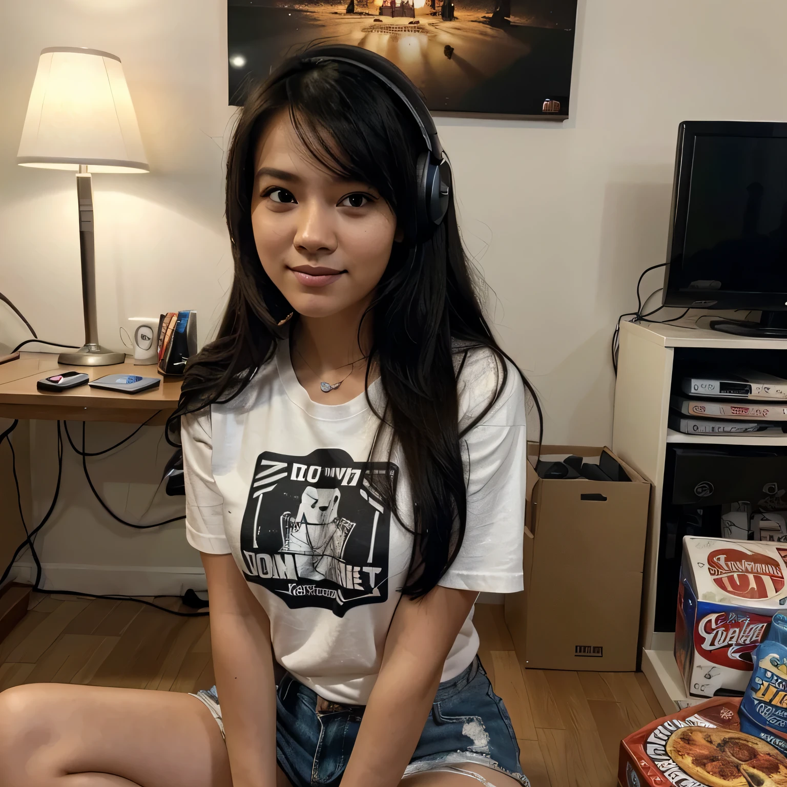 (Best quality, high resolution, ultra-detailed: 1.1), Filipina gamer girl, 25 years old, sitting in a cozy room, taking a selfie with a smartphone, long black hair, wavy and messy, gaming headphones around her neck, thin face, charming smile, wearing a comfortable t-shirt and shorts, holding a game controller in one hand, the other hand posing to frame her face for the selfie, dimly lit room with warm ambient light, a poster of her favorite game on the wall behind her, a stack of empty soda cans and pizza boxes nearby, focused expression, vibrant selfie filter enhancing her features, warm colors reflect