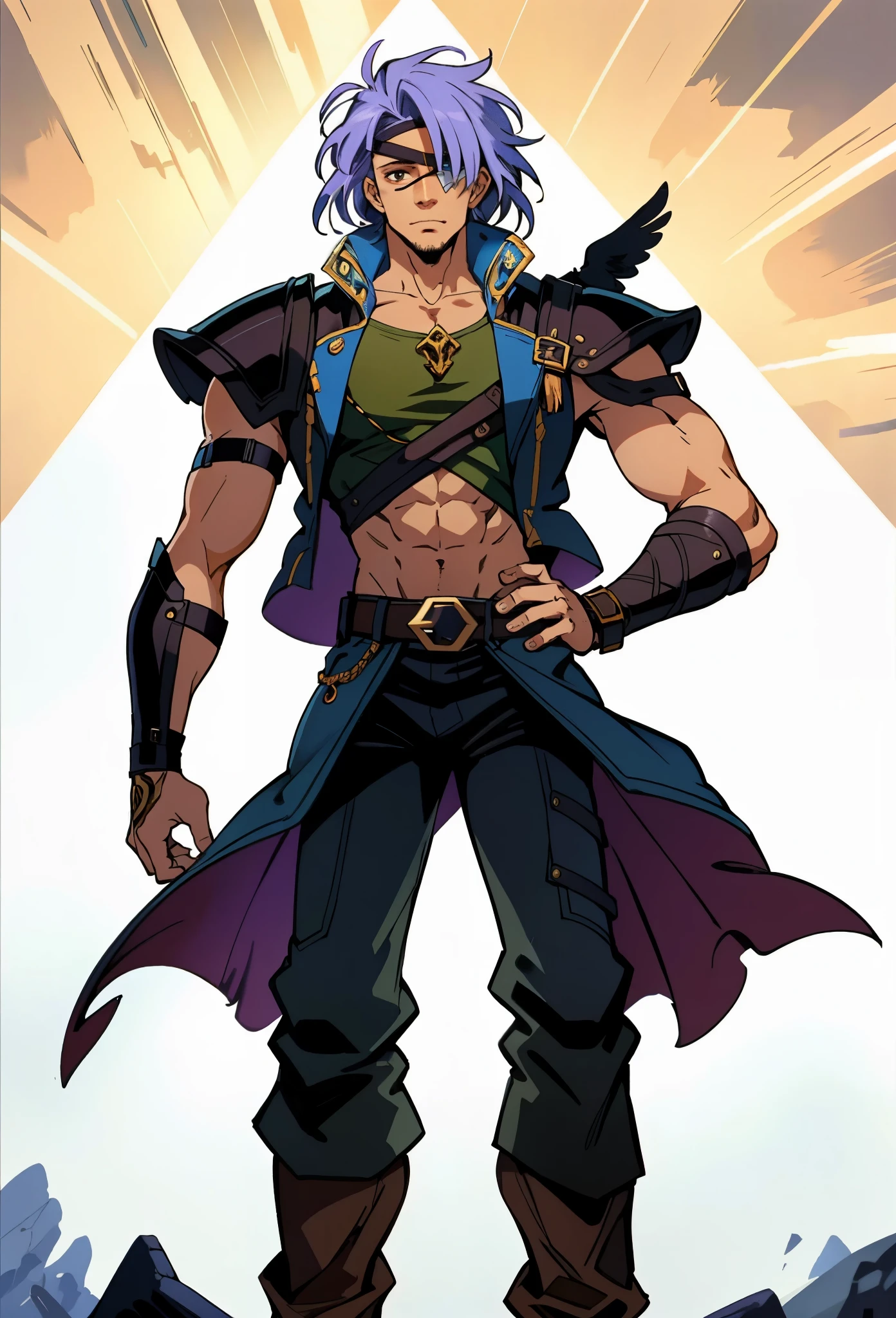 A man with medium-length fluffy lavender-blue hair parted in the middle, his upper face obscured by bandage eye patch, a square face, a wild expression, a sturdy physique, clad in a fantasy-style wild sleeveless coat with leather light armor, a gemstone belt cinches his waist, he wears wrist guards, cargo pants, one hand on his hip gripping the belt, the backdrop of a desolate island where countless black birds soar, this character embodies a finely crafted fantasy pirate-style overlord in anime style, exquisite and mature manga art style, high definition, best quality, highres, ultra-detailed, ultra-fine painting, extremely delicate, professional, perfect body proportions, golden ratio, anatomically correct, symmetrical face, extremely detailed eyes and face, high quality eyes, creativity, RAW photo, UHD, 32k, Natural light, cinematic lighting, masterpiece-anatomy-perfect, masterpiece:1.5