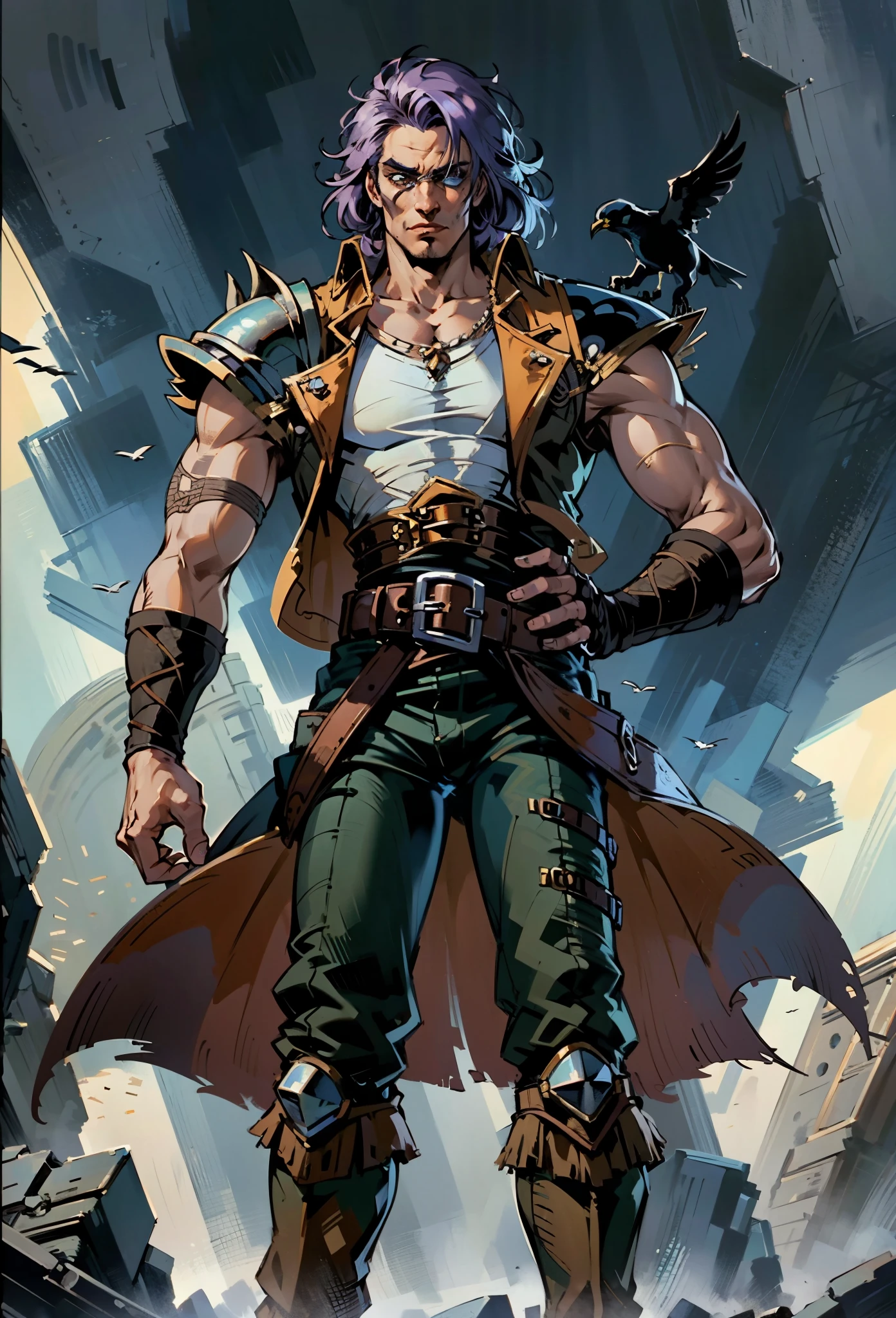 A man with medium-length fluffy lavender-blue hair parted in the middle, his upper face obscured by bandage eye patch, a square face, a wild expression, a sturdy physique, clad in a fantasy-style wild sleeveless coat with leather light armor, a gemstone belt cinches his waist, he wears wrist guards, cargo pants, one hand on his hip gripping the belt, the backdrop of a desolate island where countless black birds soar, this character embodies a finely crafted fantasy pirate-style overlord in anime style, exquisite and mature manga art style, high definition, best quality, highres, ultra-detailed, ultra-fine painting, extremely delicate, professional, perfect body proportions, golden ratio, anatomically correct, symmetrical face, extremely detailed eyes and face, high quality eyes, creativity, RAW photo, UHD, 32k, Natural light, cinematic lighting, masterpiece-anatomy-perfect, masterpiece:1.5