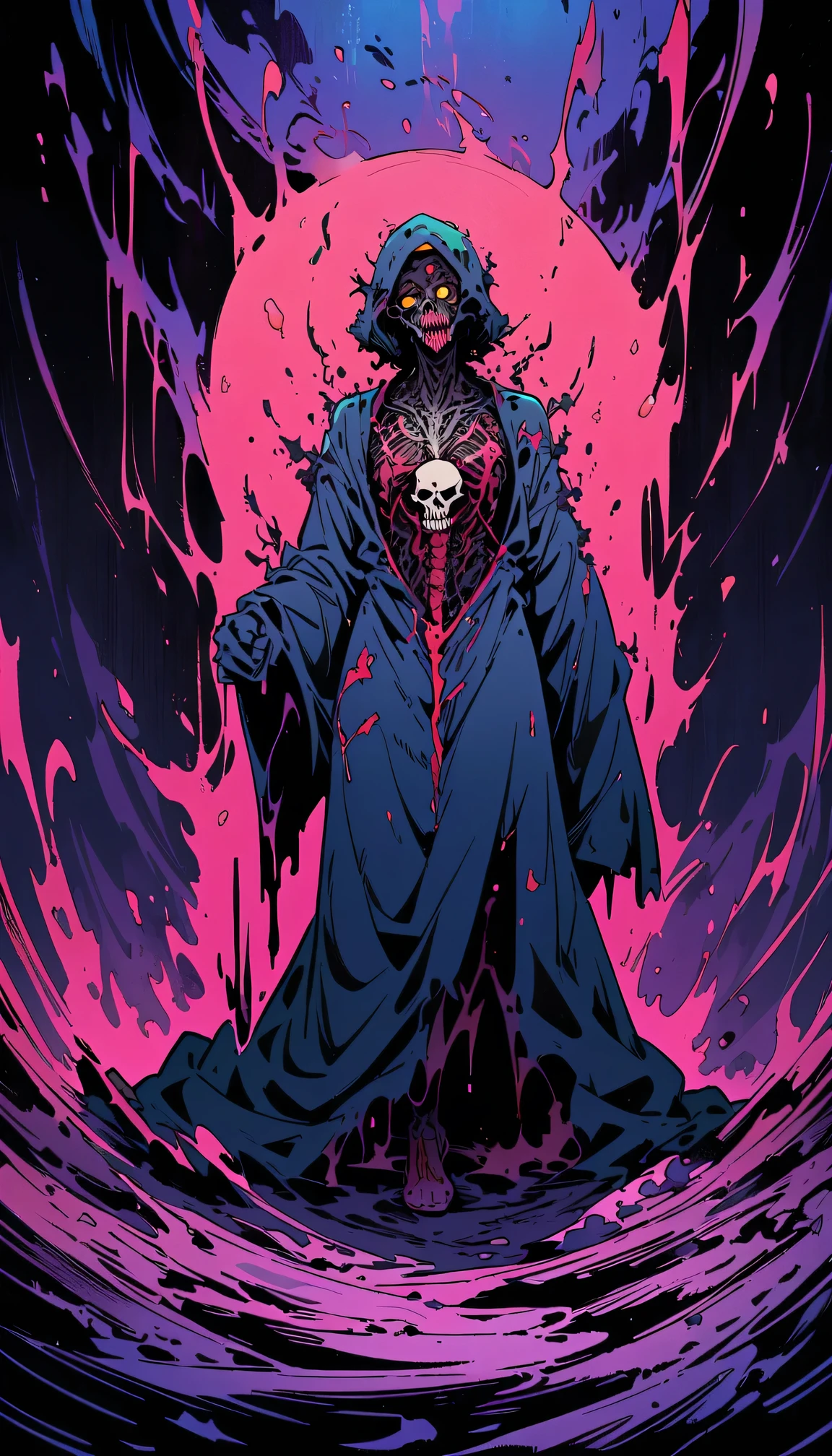 (best quality,highres,masterpiece:1.2),ultra-detailed,Anime line art:1.1,manga style,Skull Crusher,Full body,(body horror: 1.4),(biology: 1.3),detailed face,expressive eyes,sharp contrast,flowing robe,(bloody: 1.2),mysterious atmosphere,dark background