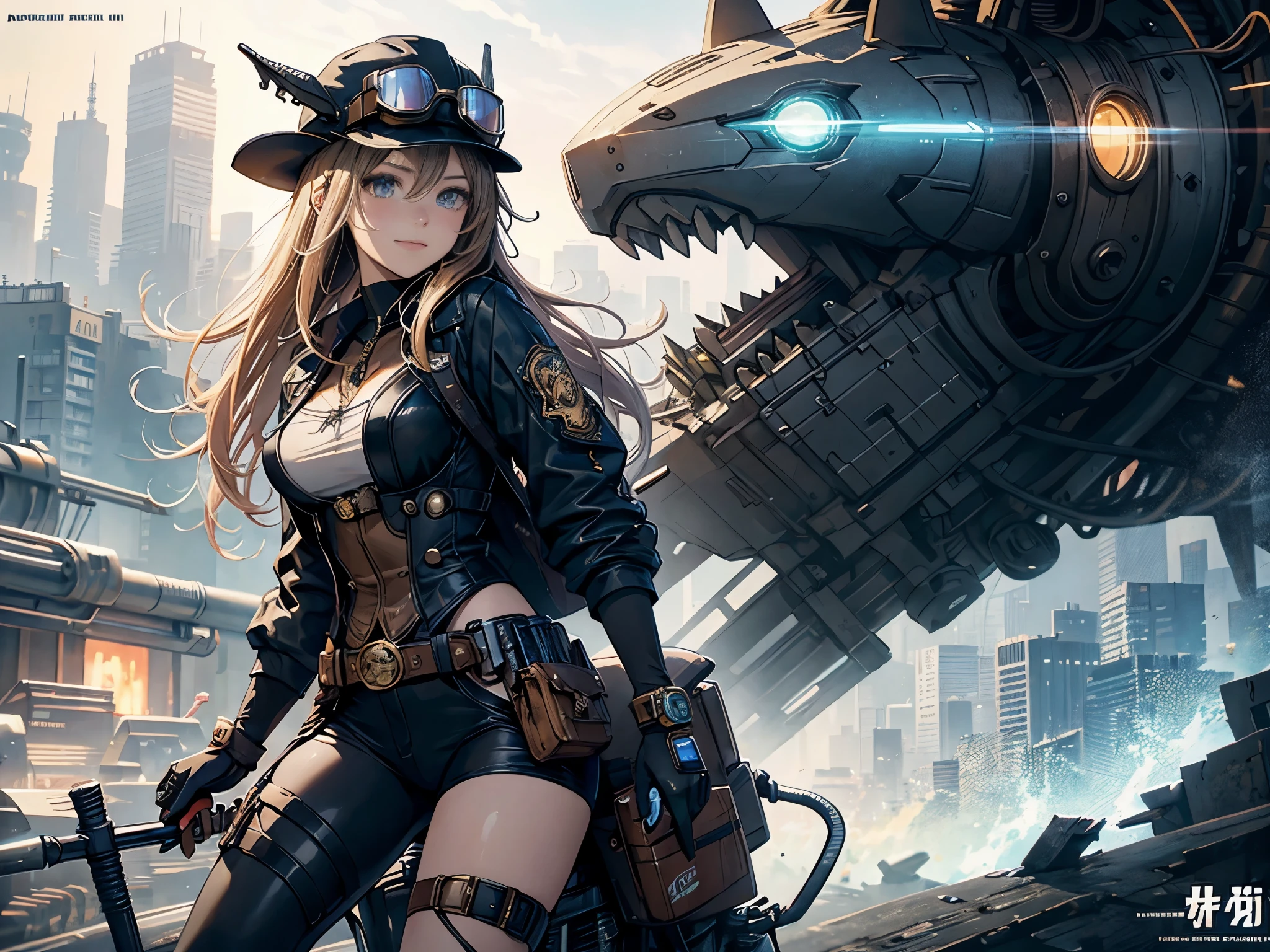 (comic book style),(line drawing_anime),(cowboy shot, highest quality, ),(Laura Budd Photos:1.2),(Laura Add Details:1.0),8K, flat color:0.8,1 girl,smile、(Steampunk bike ride 1.5)、Exquisitely decorated motorcycle、(Highly decorative and complex mechanical steampunk fashion, lace flare dolphin hat、goggles 1.5、machinery background、Gear background、Intricately mechanized steampunk cityscape 1.5),