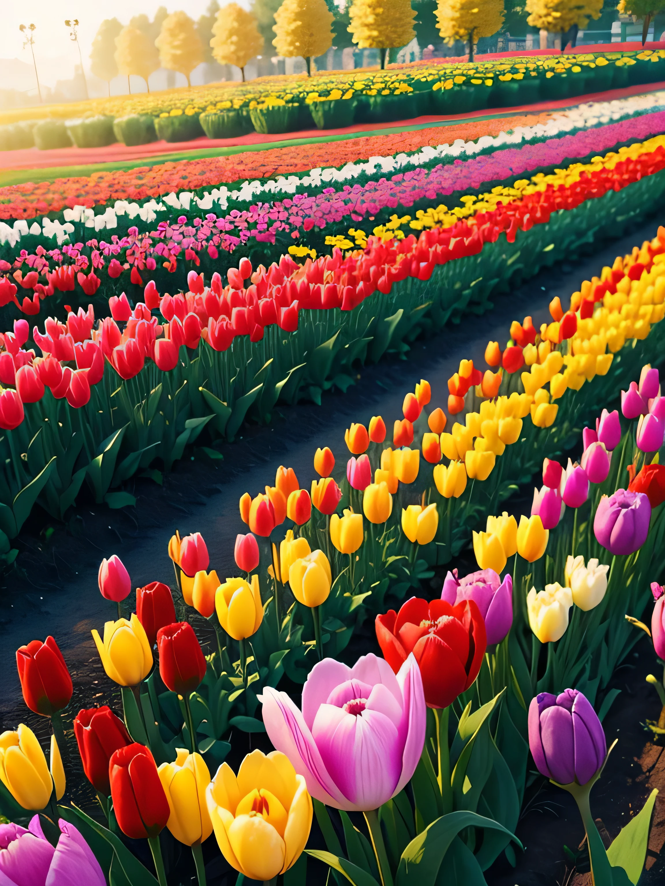 flower garden (bloom), colorful flowers, tulip, super detailed, high quality, 8K resolution