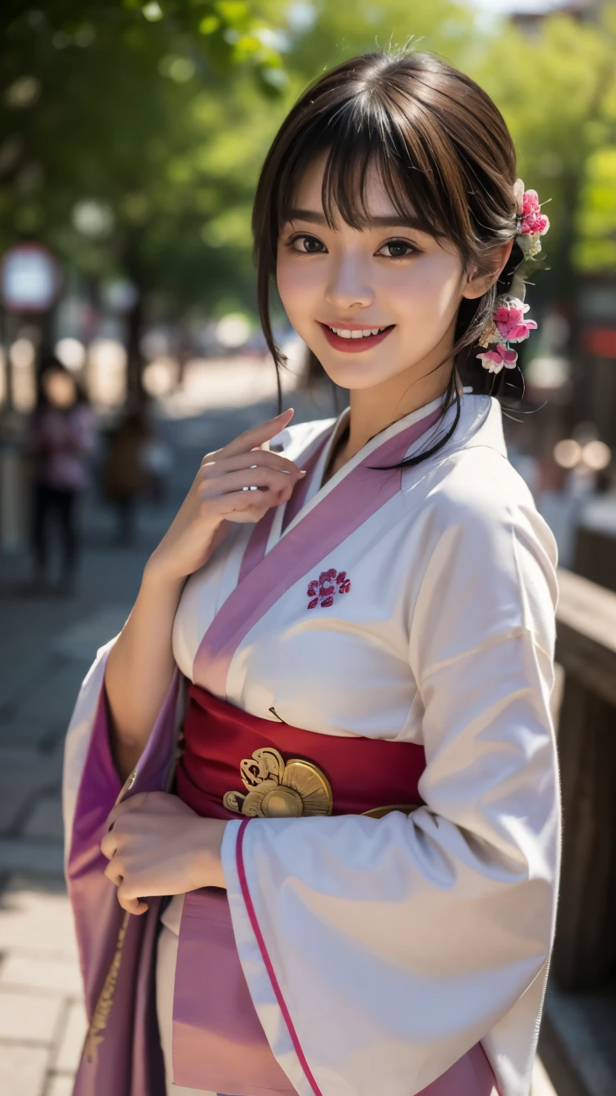 (highest quality,masterpiece:1.3,ultra high resolution),(Super detailed,caustics),(realistic:1.4,RAW shooting),(Vibrant color saturation),1 girl,20-year-old,flat bangs、smiling、cute、Blurred background, C cup、Kyoto-esque, Japan、Oiran style、Glittering、Gorgeous