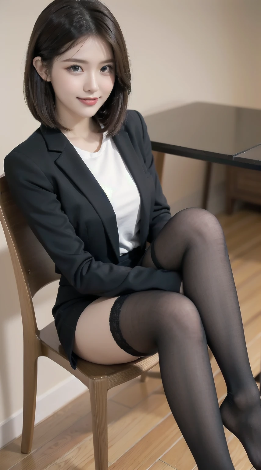 Pure Japanese young girl, sexual attractive, outstanding body, beautiful legs, wearing formal suits, (panty), (pantyhose), high heels, vivid makeup, arranged black hair styles, lift up skirt, spread wide legs, sweet smile, professional portrait photography, sitting, 