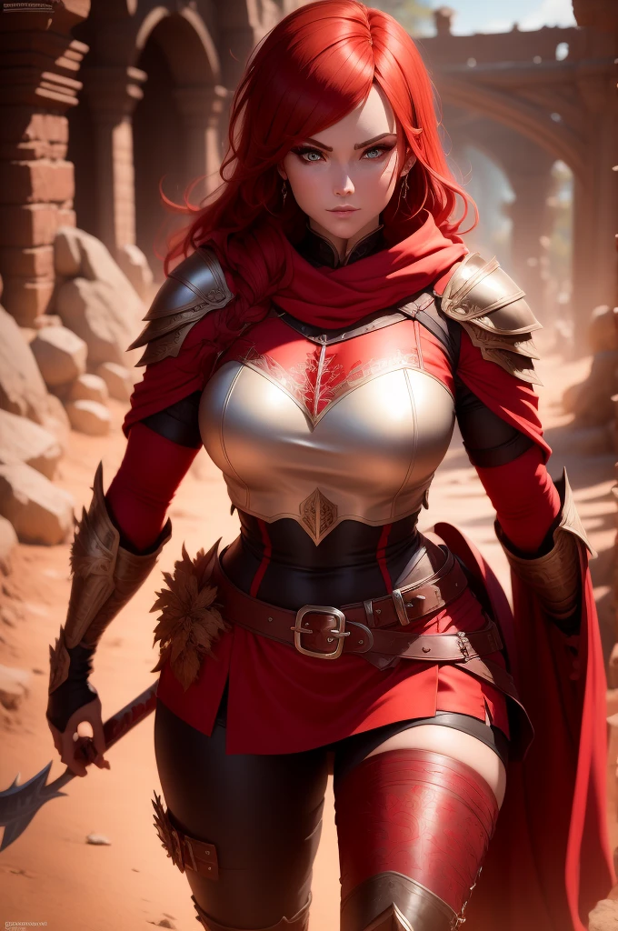 Red Riding Hood Transformed: A Fierce Female Warrior
Red Riding Hood, once a traditional folktale character, has been reimagined as a strong and formidable warrior clad in leather armor. Her attire includes a red crop top, heavy brown leather belt, boots, and fur knee guards, all meticulously crafted in photorealistic, 4k, 8k Unreal Engine, 3D.
Her short, fiery red hair frames her face, and her eyes glow radiantly red, adding an otherworldly aura to her appearance. She stands confidently, armed with a sharp sword and a bow, ready to defend her
