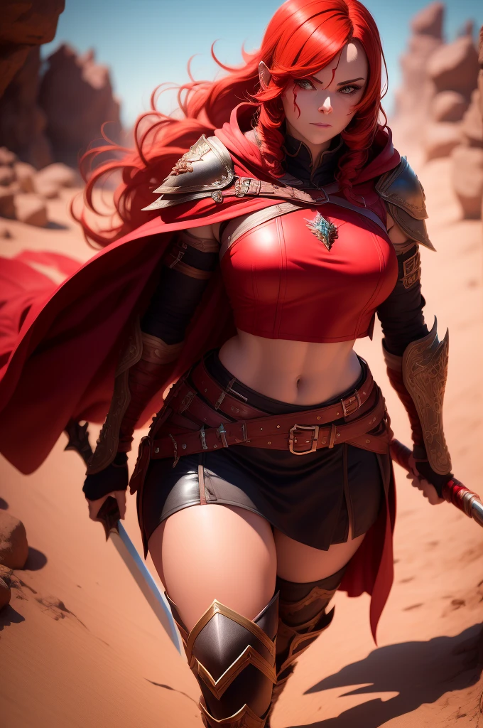 Red Riding Hood Transformed: A Fierce Female Warrior
Red Riding Hood, once a traditional folktale character, has been reimagined as a strong and formidable warrior clad in leather armor. Her attire includes a red crop top, heavy brown leather belt, boots, and fur knee guards, all meticulously crafted in photorealistic, 4k, 8k Unreal Engine, 3D.
Her short, fiery red hair frames her face, and her eyes glow radiantly red, adding an otherworldly aura to her appearance. She stands confidently, armed with a sharp sword and a bow, ready to defend her