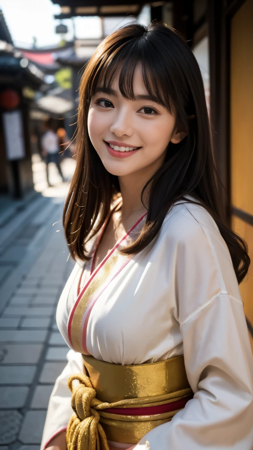 (highest quality,masterpiece:1.3,ultra high resolution),(Super detailed,caustics),(realistic:1.4,RAW shooting),(Vibrant color saturation),1 girl,20-year-old,flat bangs、smiling、cute、Blurred background, C cup、Kyoto-esque, Japan、Oiran style、Glittering