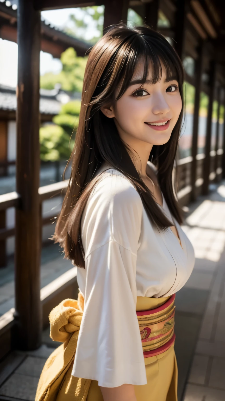 (highest quality,masterpiece:1.3,ultra high resolution),(Super detailed,caustics),(realistic:1.4,RAW shooting),(Vibrant color saturation),1 girl,20-year-old,flat bangs、smiling、cute、Blurred background, C cup、Kyoto-esque, Japan、Oiran style