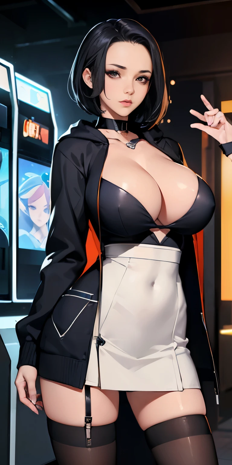 Cinematic lighting、(key light:Front diagonal 45 degrees, fill light、Backlight、shadow、blue and orange color palette), accurate human body、detailed person、Correct five-finger、RAW photo、 4K - ultra-vivid、highest quality, masterpiece, ultra high resolution, (reality: 1.4),
(((oil skin,sparkling skin、realistic skin texture、detailed beautiful skin、shiny skin、shiny skin)))、
upper body shot, camera angle is low, Depth of the bounds written, Focus on the center, fine eyes, perfect face and eyes、
At the amusement arcade, game console, game machine,
girl, short bob black hair, , black Hoodie with pockets, plaid miniskirt, purple collar, black face mask, piercing,
big breasts, slender, standing , naughty,
zettai ryouiki, absurd resolution, absurd detailed, best quality, (((big breasts、big cleavage)))、Forehead exposed、17 year ol