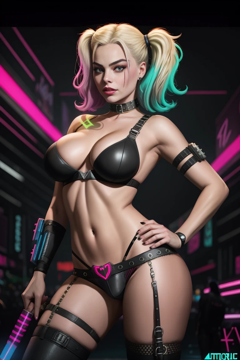 there is Margot Robbie as Harley Quinn, bending over, ((back to camera:-1.6)), 3 d neon art of a woman's body, neon-noir background, cyberpunk femme fatale, seductive cyberpunk dark fantasy, cyberpunk strip clubs, cyberpunk 20 y. o model girl, oppai cyberpunk, banner, high definition cgsociety, cgsociety masterpiece, trending on cgstation, kda, random hair, looking at camera, gigantic breasts, cleavage, (high detailed skin:1.2), 8k uhd, dslr, super lighting, high quality, film grain, high res, highly detailed, hyper realistic, beautiful face, beautiful body, beautiful eyes nose lips, alluring expression, very bold, upper visible, full body photo, standing legs apart, pale translucent glowing skin, most beautiful face, cute, (well defined pubic hair:1.2)), (dark plain black background:1.4)), bulge, underwear bulge, bulge in groin, huge bulge