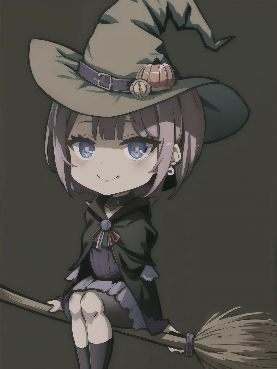 Anime woman wearing a hat and sitting on a broom, witch girl, , Chibi, witchy, witch, a witch, dark witch character, wearing a witch hat, bright witch, scarry but bewitching, [[[[with an evil smile]]]], dark witch, fashionable dark witch, mechanized witch girl, classical witch ,redviolet hair,earrings