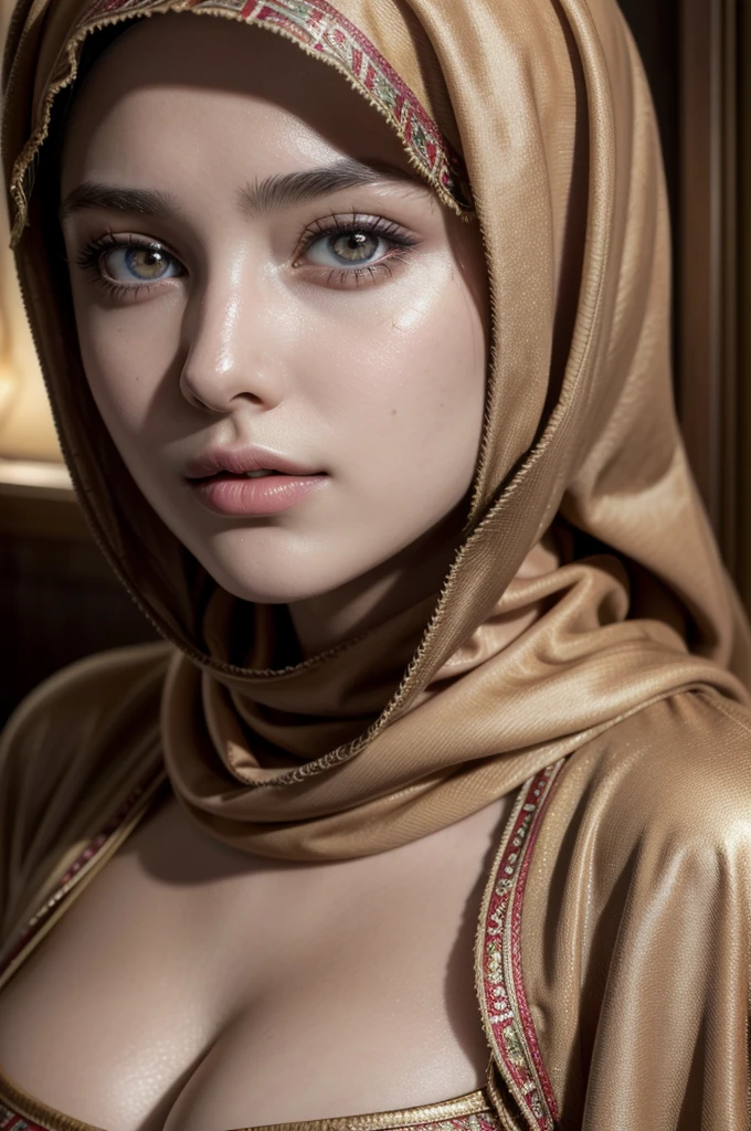 Best quality, masterpiece, ultra high res, (photorealistic:1.4), raw photo, 1girl, detailed lebanese hijab, detailed eyes and face, colorful harem, dynamic lighting, low key, cowboy shot, cleavage, large breasts,