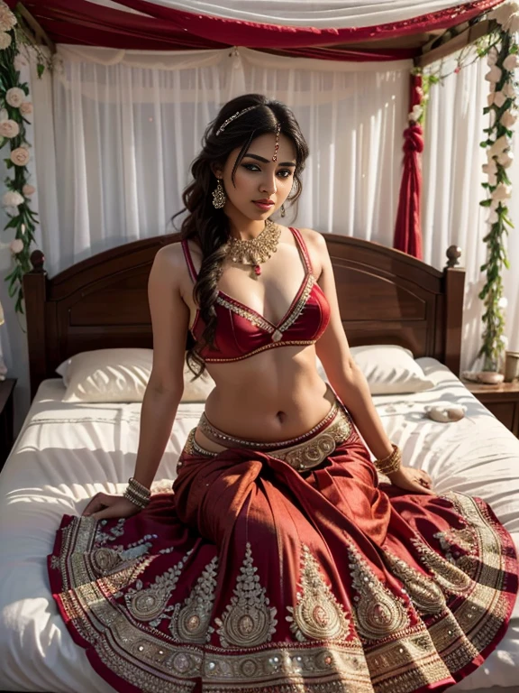 Realistic photography, beautiful nude Indian bride in red lehenga, sleeping on flowers bed, shuhagraat (Firstnight of marriage), flowers on bed, waiting for husband, 8K, high definition ,