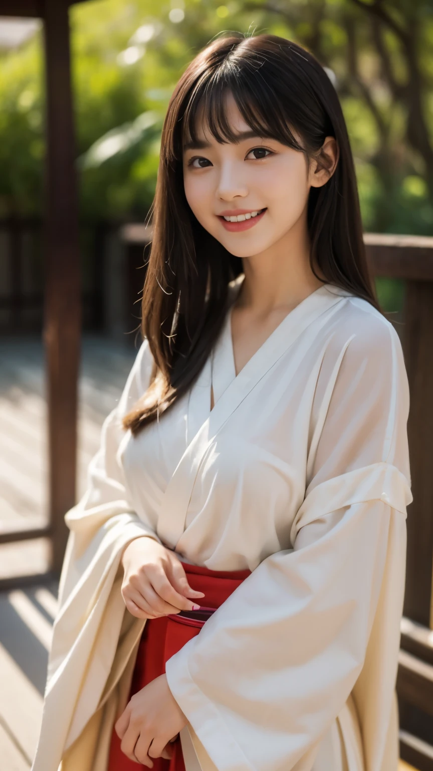 (highest quality,masterpiece:1.3,ultra high resolution),(Super detailed,caustics),(realistic:1.4,RAW shooting),(Vibrant color saturation),1 girl,20-year-old,flat bangs、smiling、cute、Blurred background, C cup、Japanese courtesan style、Kyoto-like
