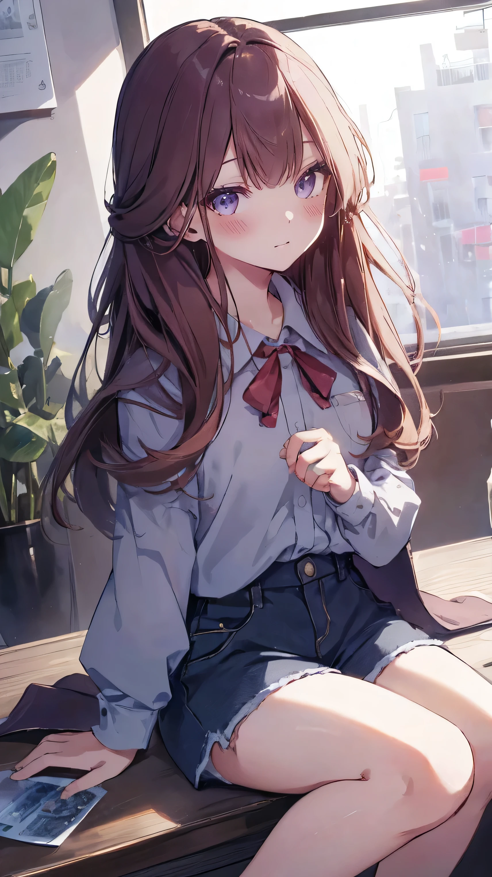 master piece、Highest image quality、highest quality、 ((panic))、glossy hair quality、small face、sitting、Super detailed and beautiful bright eyes、Super detailed clear and beautiful face、(cute illustration:1.2), High-resolution, ultra-detailed, best quality, embarrassed、(cute underwear)、(Gaps in shorts)