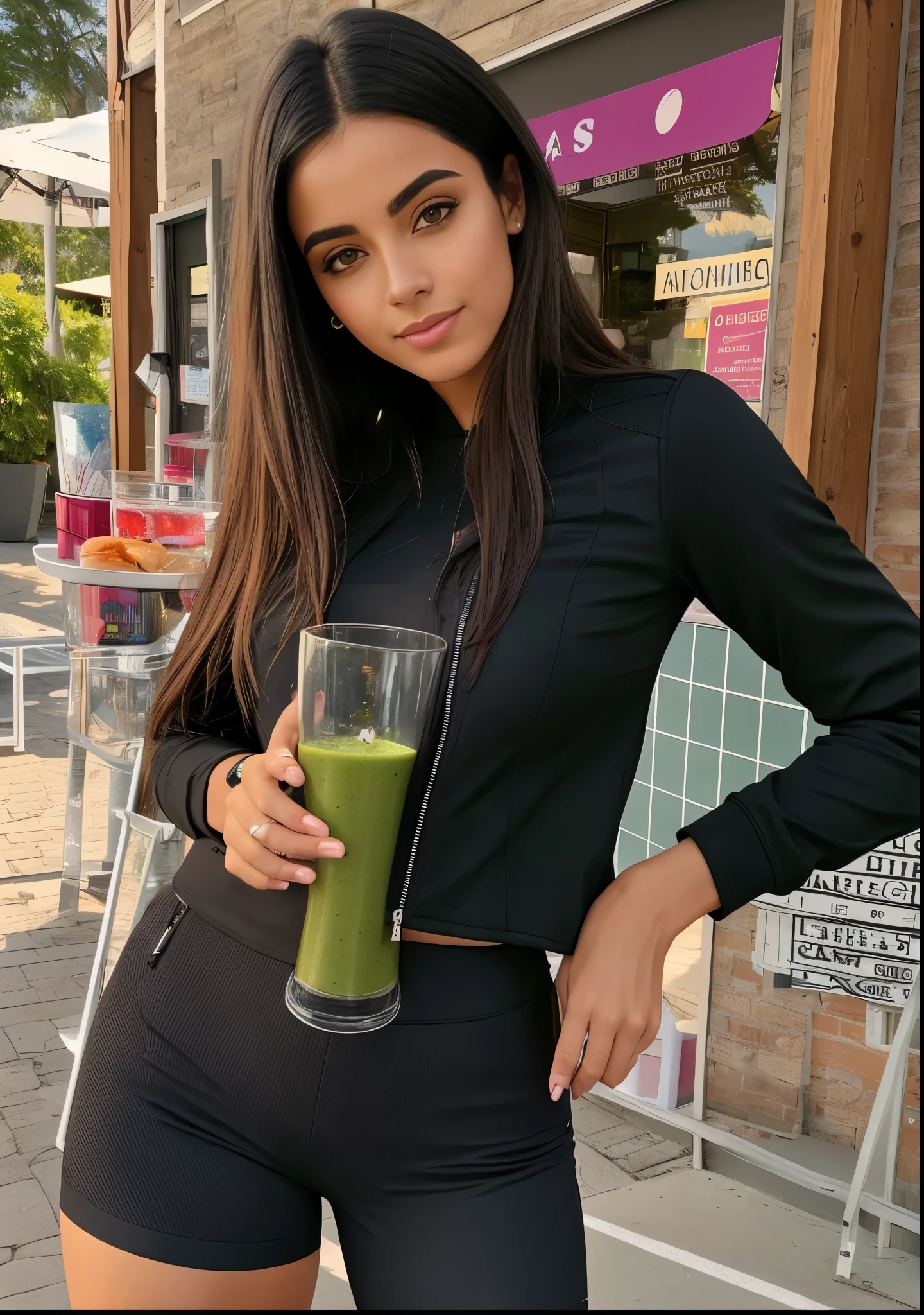 woman in preto jacket and shorts legging holding a glass of green smoothie, Marischa Becker, inspirado em Ion Andreescu, malika favre, looks like fabiula nascimento, roupa esportiva apertada, imagem de perfil, preto, preto outfit, two piece workout clothes, serena malyon, wearing preto tight clothing, camisa cropped com jaqueta, Senhora deslumbrante, Victoria Gavrilenko