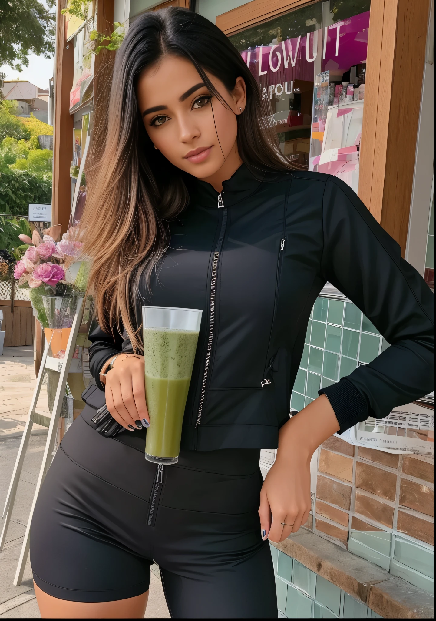 woman in preto jacket and shorts legging holding a glass of green smoothie, Marischa Becker, inspirado em Ion Andreescu, malika favre, looks like fabiula nascimento, roupa esportiva apertada, imagem de perfil, preto, preto outfit, two piece workout clothes, serena malyon, wearing preto tight clothing, camisa cropped com jaqueta, Senhora deslumbrante, Victoria Gavrilenko