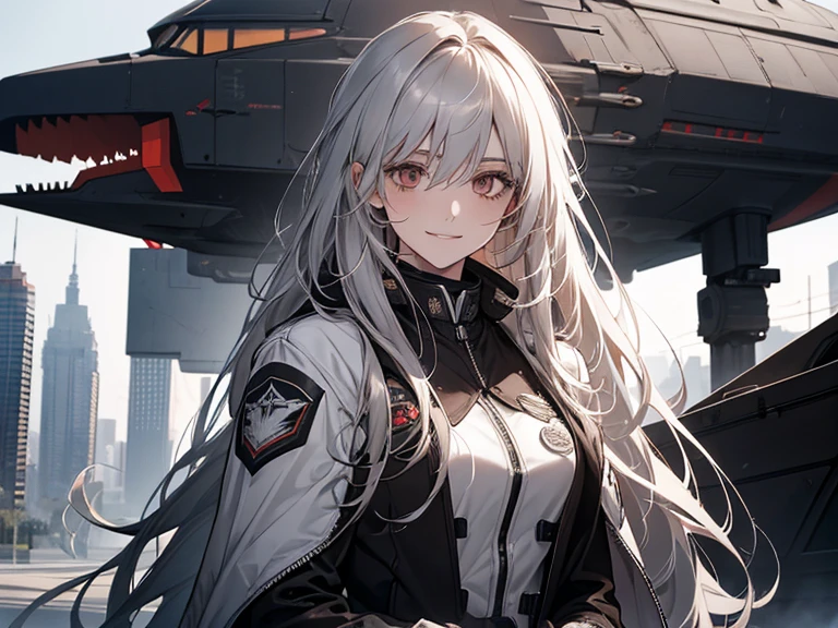 (confused, High resolution, Super detailed), 1 female, silver hair,long hair,reddish brown eyes,black pilot jacket,Black and white suit,20th generation,Beautiful woman,shy smile,thin,Are thin,quiet,Calm,Carrying a white crow,Accompanied by many white crows,