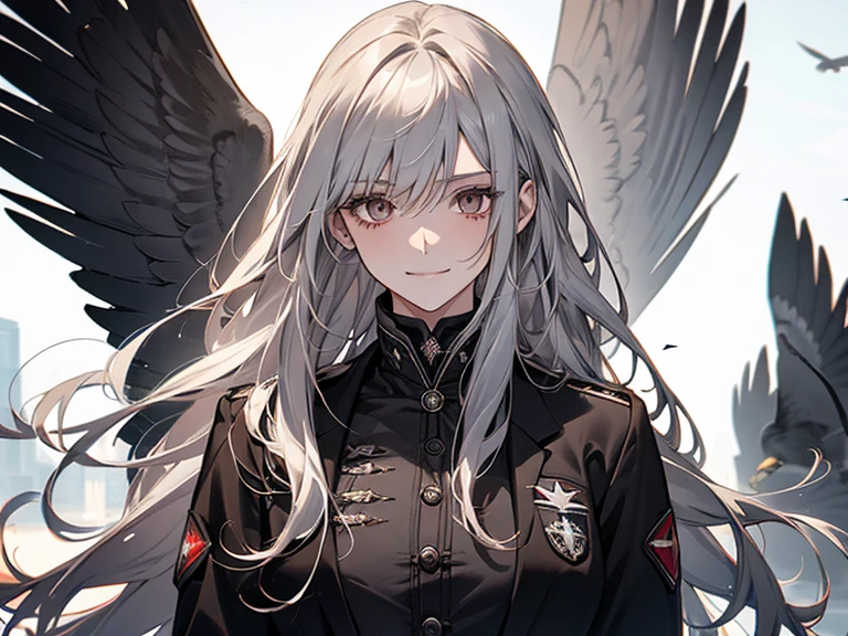 (confused, High resolution, Super detailed), 1 female, silver hair,long hair,reddish brown eyes,black pilot jacket,Black and white suit,20th generation,Beautiful woman,shy smile,thin,Are thin,quiet,Calm,Carrying a white crow,Accompanied by many white crows,