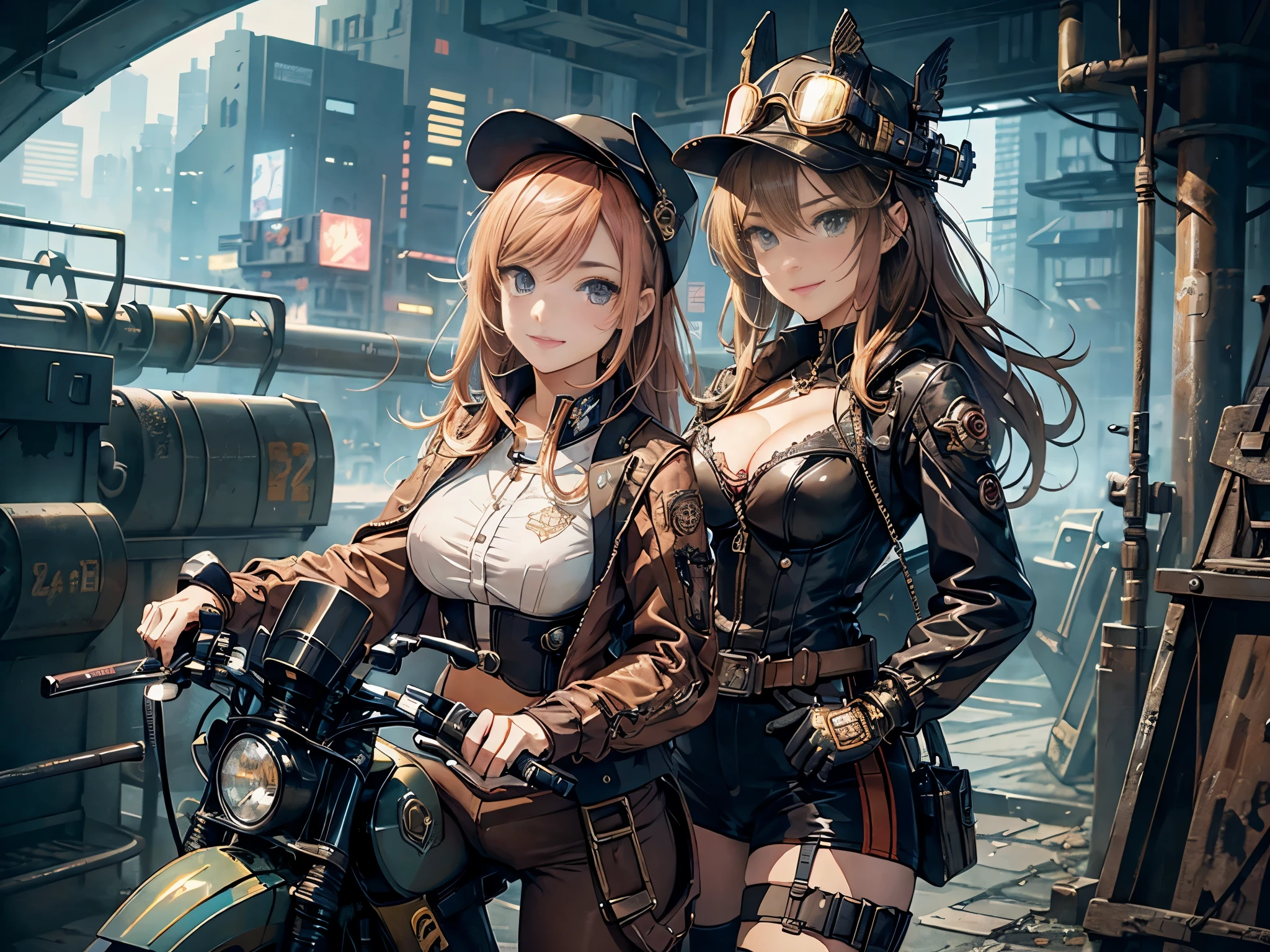 (comic book style),(line drawing_anime),(cowboy shot, highest quality, ),(Laura Budd Photos:1.2),(Laura Add Details:1.0),8K, flat color:0.8,1 girl,smile、(Steampunk bike ride 1.5)、Exquisitely decorated motorcycle、(Highly decorative and complex mechanical steampunk fashion, lace flare dolphin hat、goggles 1.5、machinery background、Gear background、Intricately mechanized steampunk cityscape 1.5),