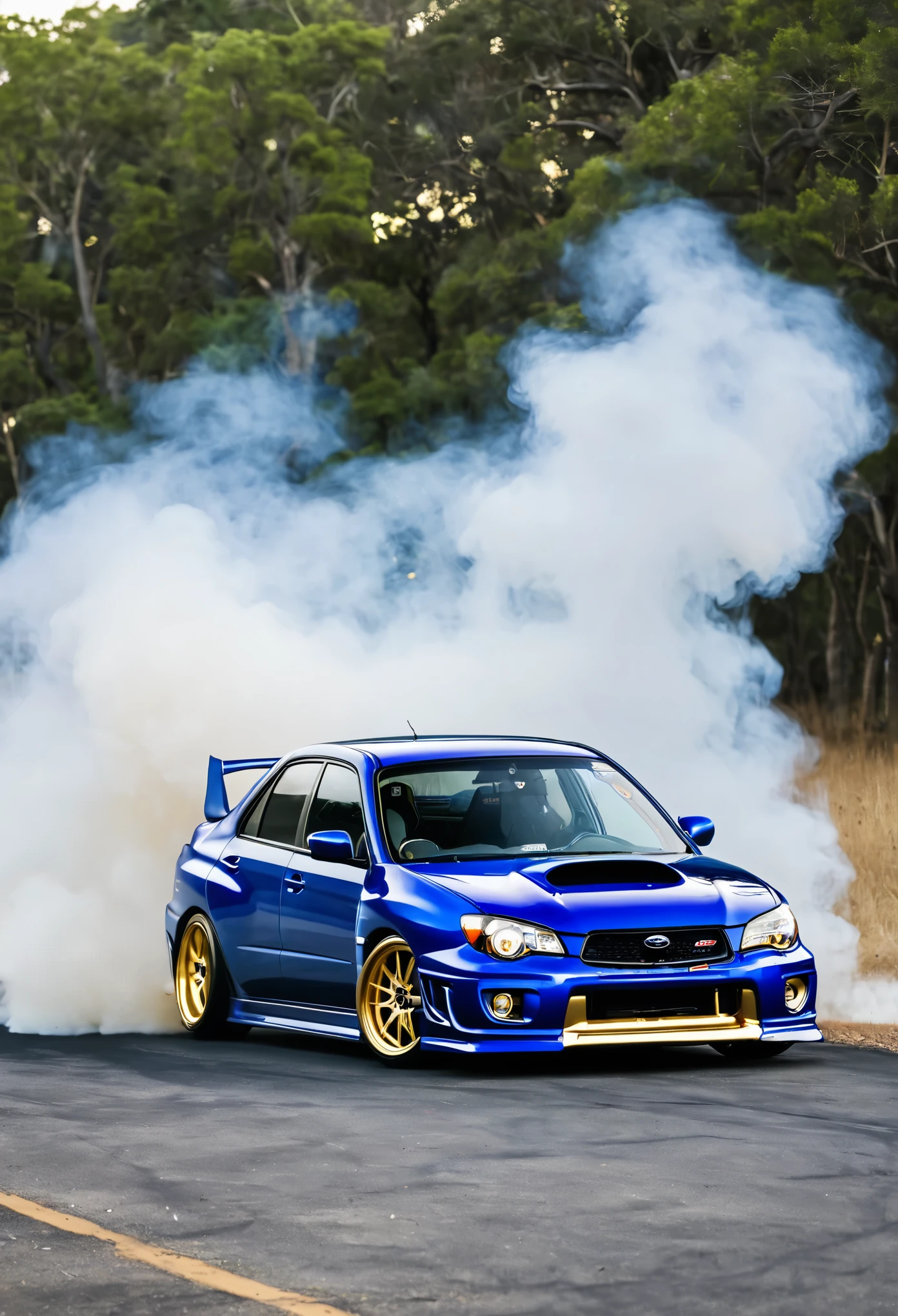 Subaru impreza wrx sti 22b cobalt blue with golden rims drifting with smoke