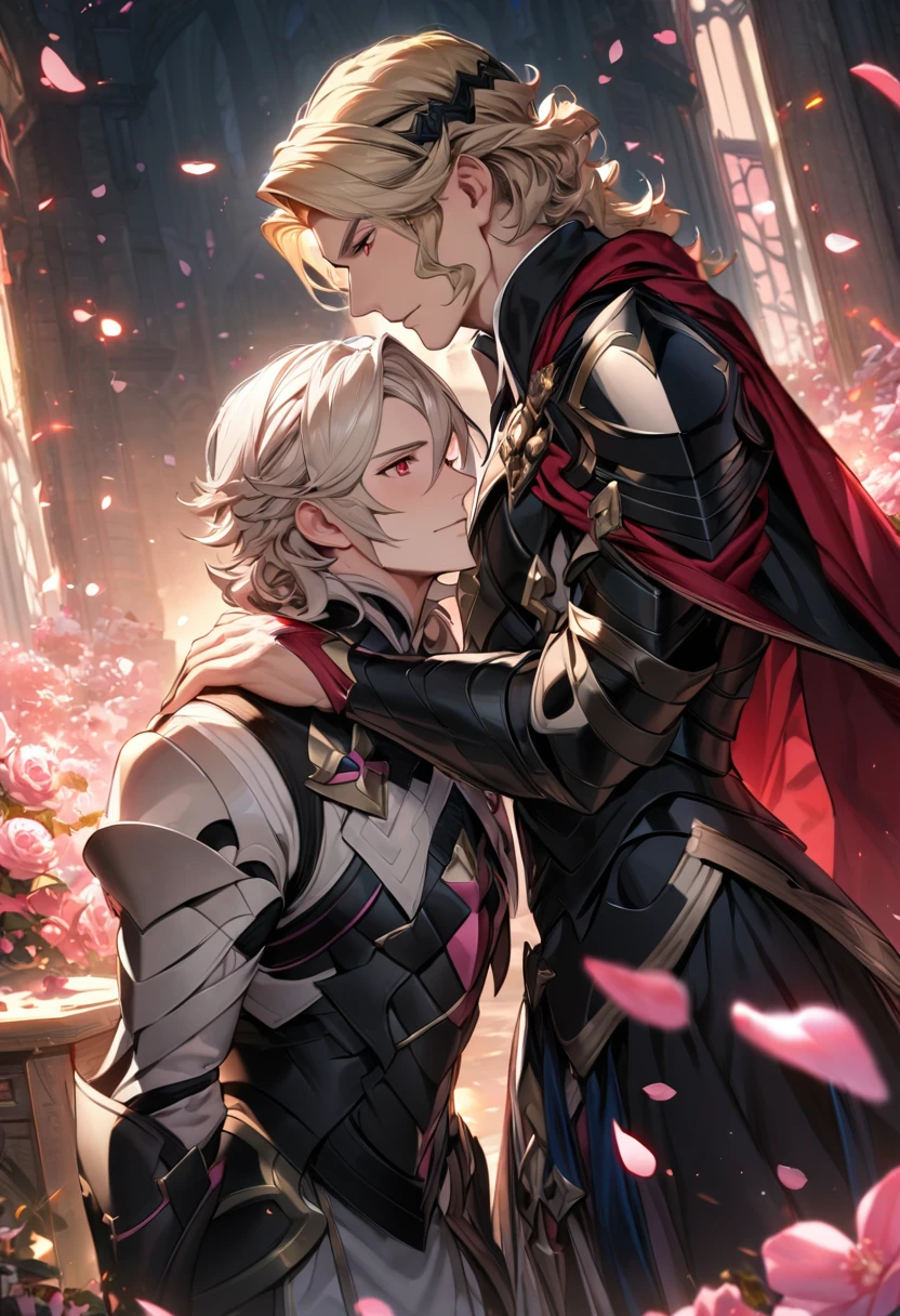 absurdres, highres, ultra detailed, HDR, master piece, best quality, Corrin, short White hair, hair between the eyes, Fire emblem fates, Xander, blond hair, 2men together, gay couple, extremely handsome, expressive red eyes, pink petals, pink butterflies, pink flowers, black armor, red cape, black cape