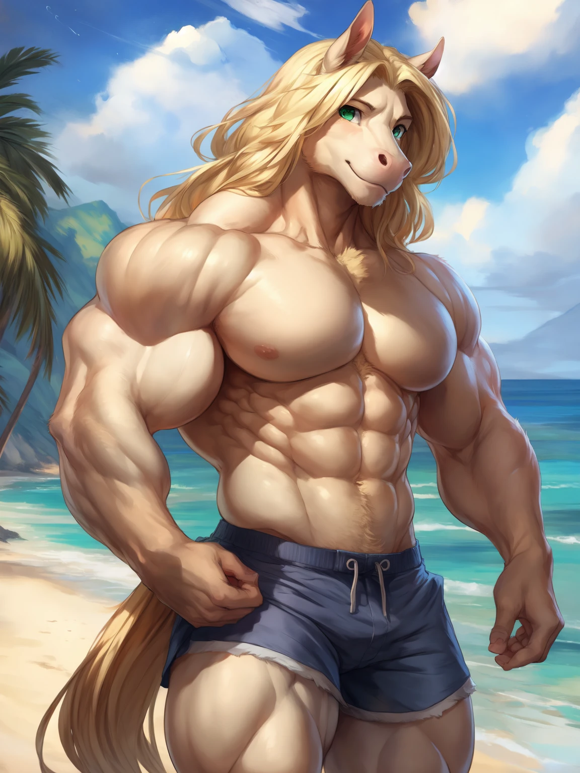 ([by Pngx \(artist\), by Viskasunya, by Etheross:by Chumbasket, by Cutesexyrobutts, by Juiceps:by Hokusai, by Butterchalk:0.35]), solo, male, horse, (huge muscles:1.4), green eyes, (blonde hair, long hair), naked torso, shorts, smile, half-body portrait, beach, highly detailed, cinematic lighting, perfect face, detailed eyes, perfect eyes, perfect hands, masterpiece, best quality, 4k, 2k, shaded, absurd res
