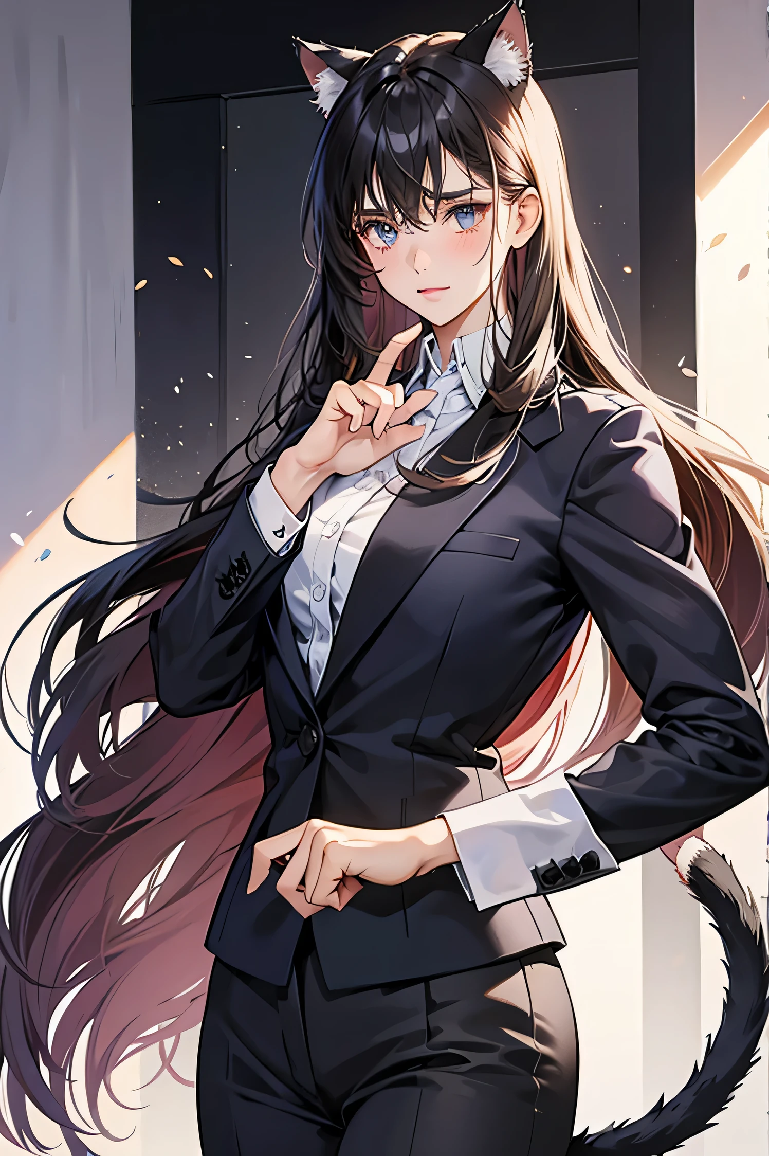 girl,20yo,beautiful handsome face, cat ears and tail, wearing a clean suit, looking embarrassed, embarrassed