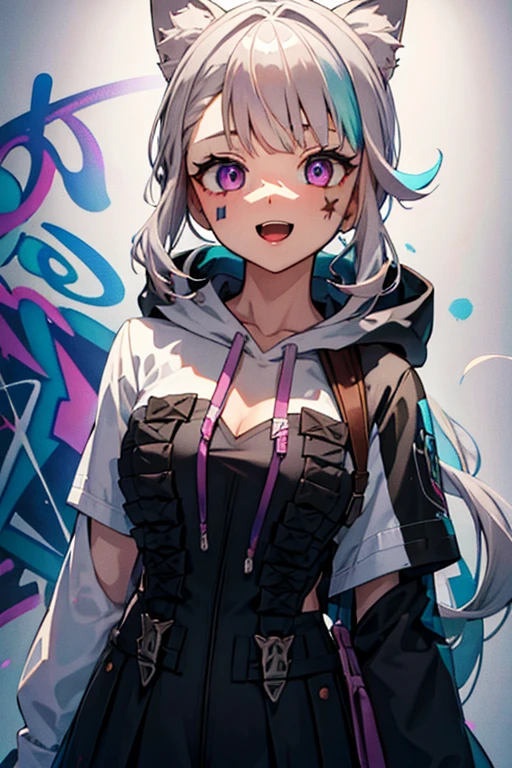 masterpiece, high quality, highres, absurdres, ultra-detailed, 8k, 1girl, platinum grey hair, blue hair, multicolored hair, gradient hair, looking at viewer, colorful eyes, colorful hoodie, (graffiti murals wall background:1.15), brilliant colorful paintings, bloom, portrait, open mouth, waist bag, against wall, bangs, shadow, reflection, Graffiti face, colourful eyes, open mouth, yandere expression, smile, look at viewer