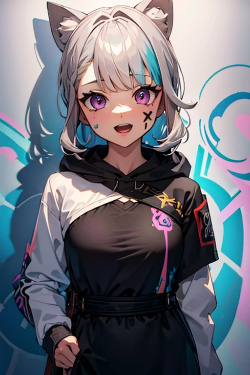 masterpiece, high quality, highres, absurdres, ultra-detailed, 8k, 1girl, platinum grey hair, blue hair, multicolored hair, gradient hair, looking at viewer, colorful eyes, colorful hoodie, (graffiti murals wall background:1.15), brilliant colorful paintings, bloom, portrait, open mouth, waist bag, against wall, bangs, shadow, reflection, Graffiti face, colourful eyes, open mouth, yandere expression, smile, look at viewer