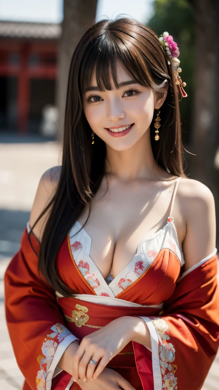 (highest quality,masterpiece:1.3,ultra high resolution),(Super detailed,caustics),(realistic:1.4,RAW shooting),(Vibrant color saturation),1 girl,flat bangs、smiling、cute、Blurred background, C cup、Oiran style、