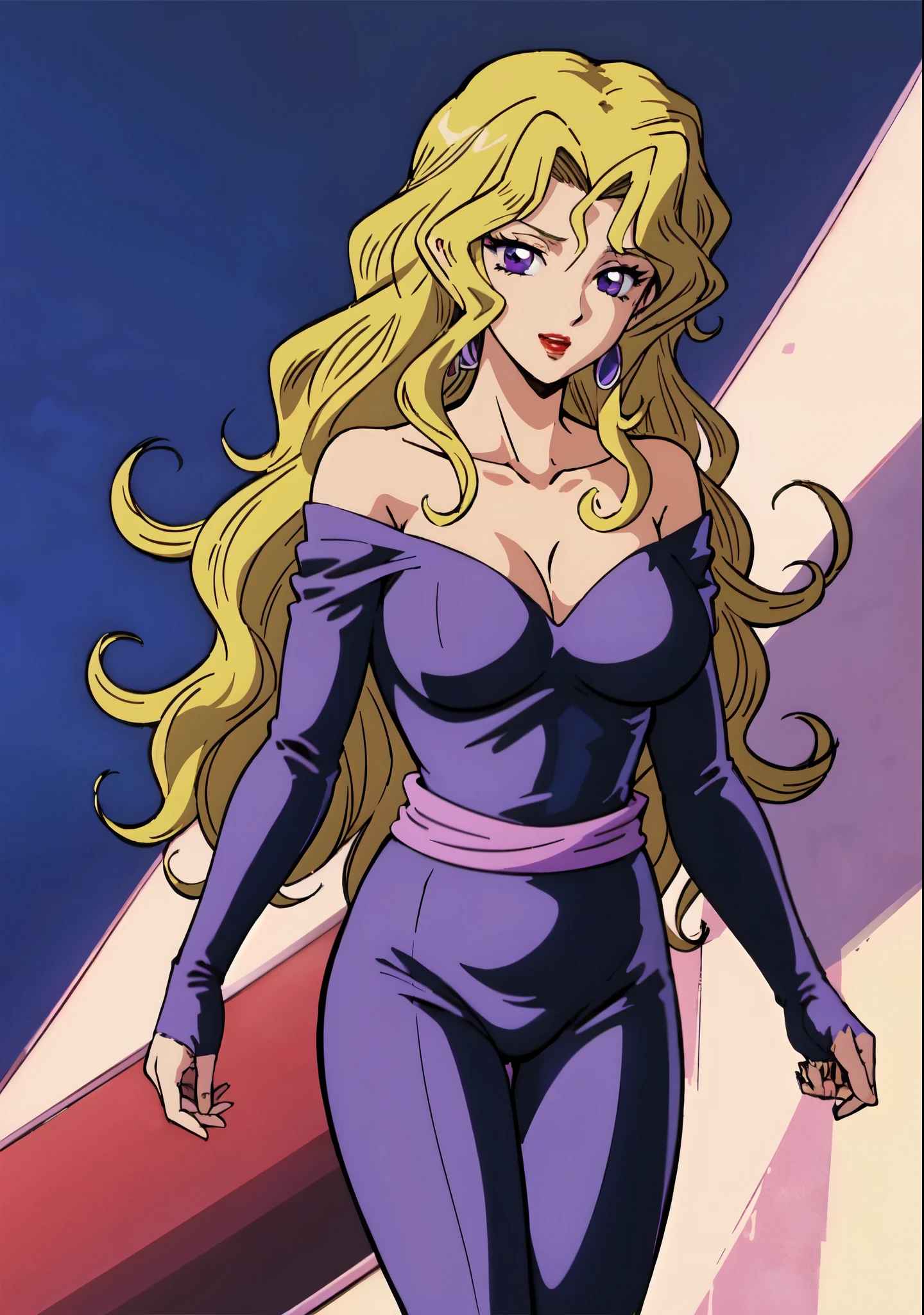 masterpiece、highest quality、anime woman、solo、looking at the viewer、laugh at、long hair、blonde、eyelash、lipstick、purple eyes、wavy hair、big breasts、woman with very large breasts、collarbone、Purple bodysuit、off shoulder、long sleeve、Pink sash、