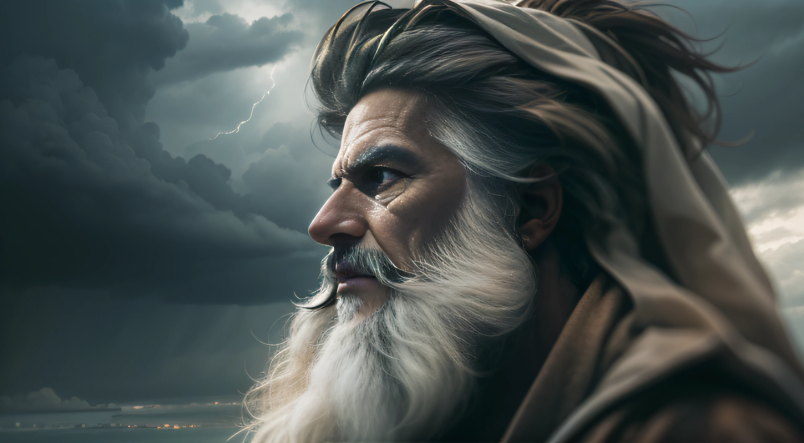 Velho de barba, with a stormy sky in the background. Visionary man, philosopher, sage or prophet. cinematographic effect. Criado com a tecnologia Generative AI.