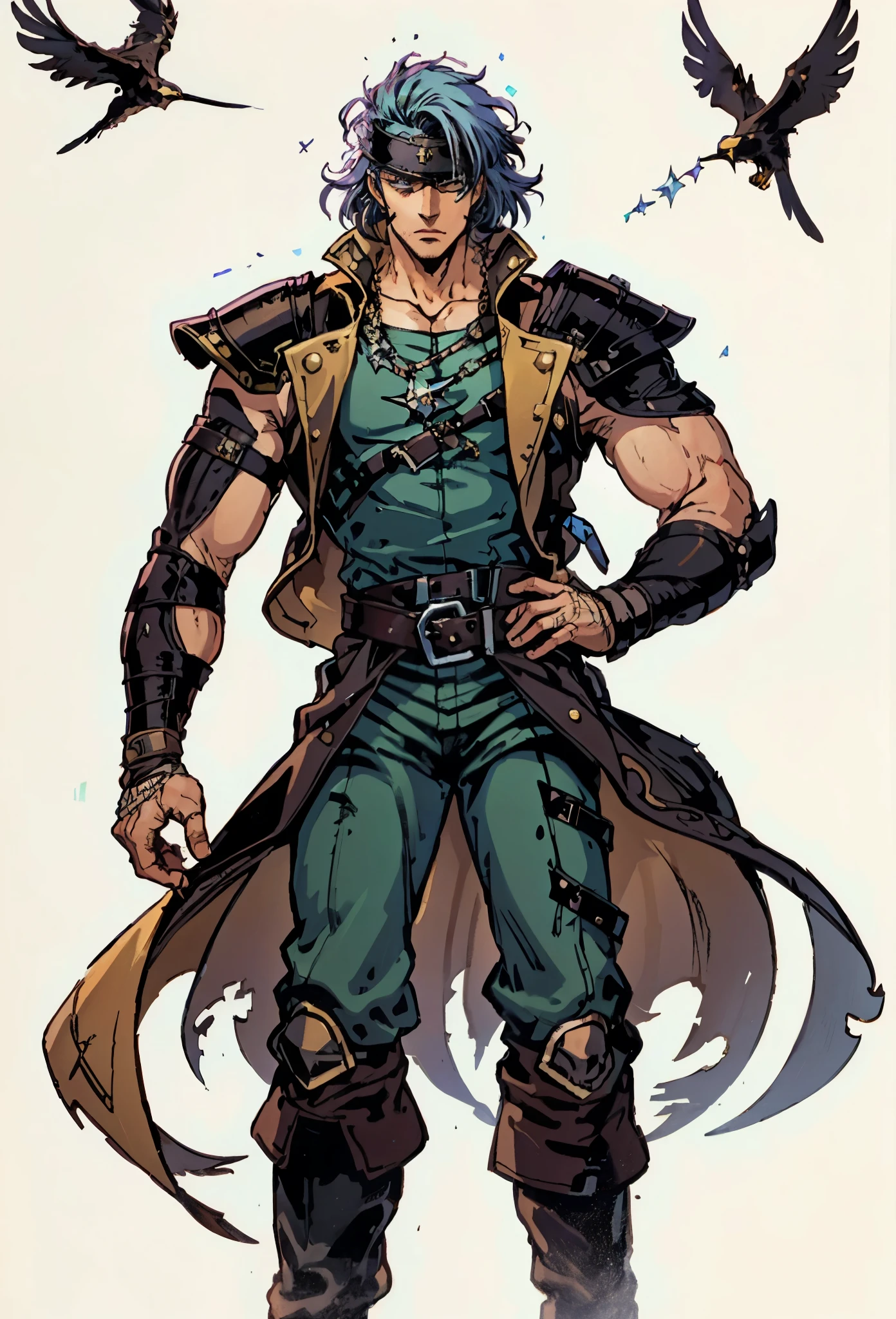 A man with medium-length fluffy lavender-blue hair parted in the middle, his upper face obscured by bandage eye patch, gazes intensely with deep-set eyes, a square face, a wild expression, a sturdy physique, clad in a fantasy-style wild sleeveless coat with leather light armor, a gemstone belt cinches his waist, he wears wrist guards, cargo pants, one hand on his hip gripping the belt, the backdrop of a desolate island where countless black birds soar, this character embodies a finely crafted fantasy pirate-style overlord in anime style, exquisite and mature manga art style, high definition, best quality, highres, ultra-detailed, ultra-fine painting, extremely delicate, professional, perfect body proportions, golden ratio, anatomically correct, symmetrical face, extremely detailed eyes and face, high quality eyes, creativity, RAW photo, UHD, 32k, Natural light, cinematic lighting, masterpiece-anatomy-perfect, masterpiece:1.5