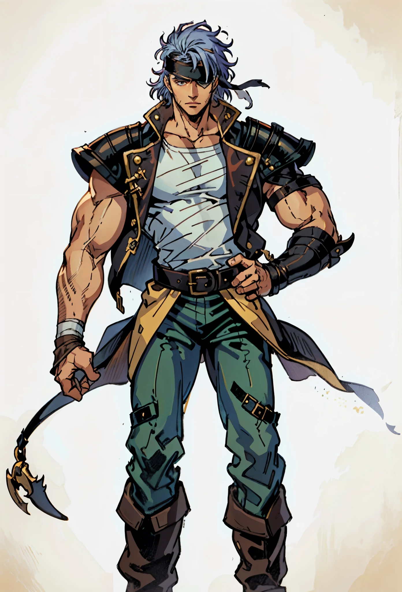 A man with medium-length fluffy lavender-blue hair parted in the middle, his upper face obscured by bandage eye patch, gazes intensely with deep-set eyes, a square face, a wild expression, a sturdy physique, clad in a fantasy-style wild sleeveless coat with leather light armor, a gemstone belt cinches his waist, he wears wrist guards, cargo pants, one hand on his hip gripping the belt, the backdrop of a desolate island where countless black birds soar, this character embodies a finely crafted fantasy pirate-style overlord in anime style, exquisite and mature manga art style, high definition, best quality, highres, ultra-detailed, ultra-fine painting, extremely delicate, professional, perfect body proportions, golden ratio, anatomically correct, symmetrical face, extremely detailed eyes and face, high quality eyes, creativity, RAW photo, UHD, 32k, Natural light, cinematic lighting, masterpiece-anatomy-perfect, masterpiece:1.5